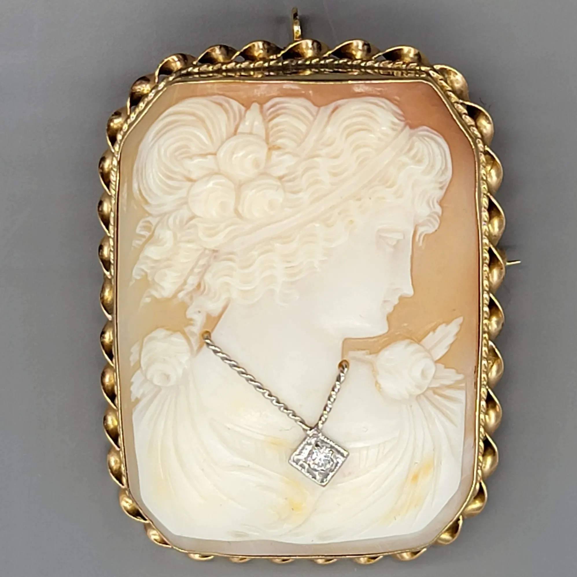 Vintage 14K Gold Carved Shell Diamond Cameo Brooch & Pendant - View 3