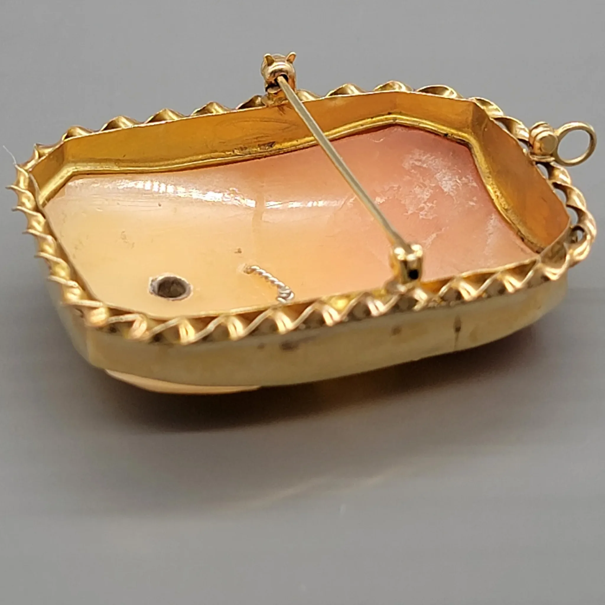 Vintage 14K Gold Carved Shell Diamond Cameo Brooch & Pendant - View 4