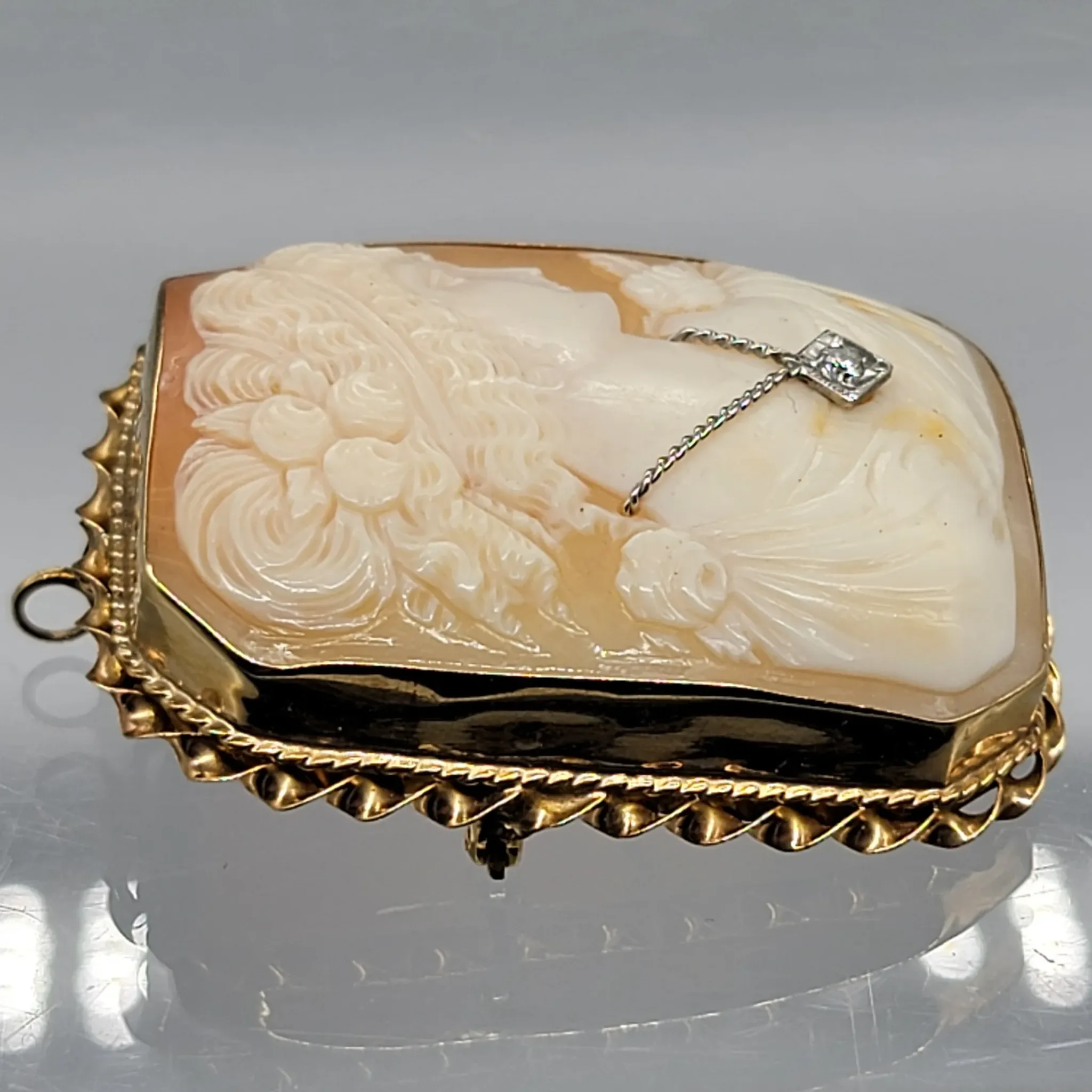 Vintage 14K Gold Carved Shell Diamond Cameo Brooch & Pendant - View 5
