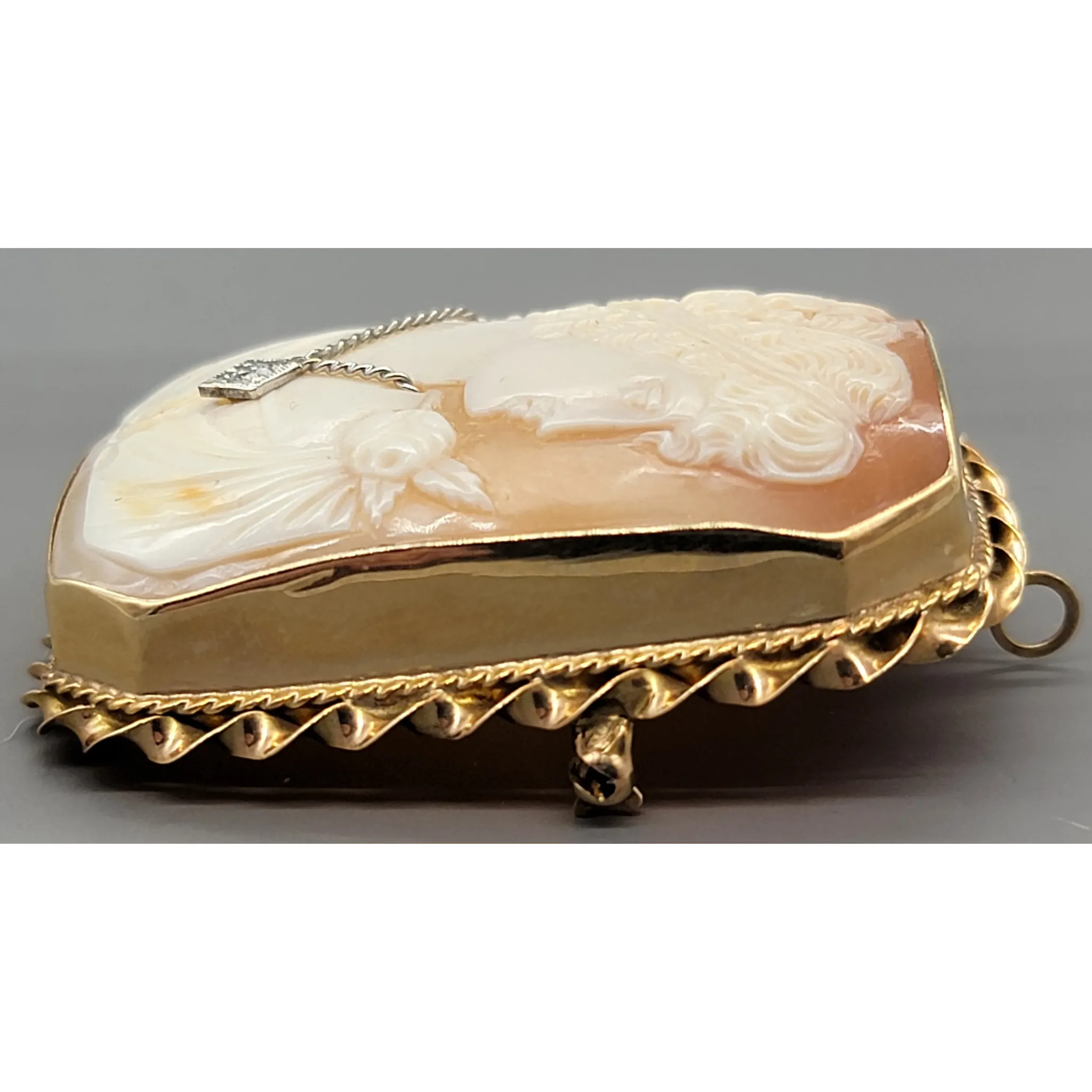 Vintage 14K Gold Carved Shell Diamond Cameo Brooch & Pendant - View 6