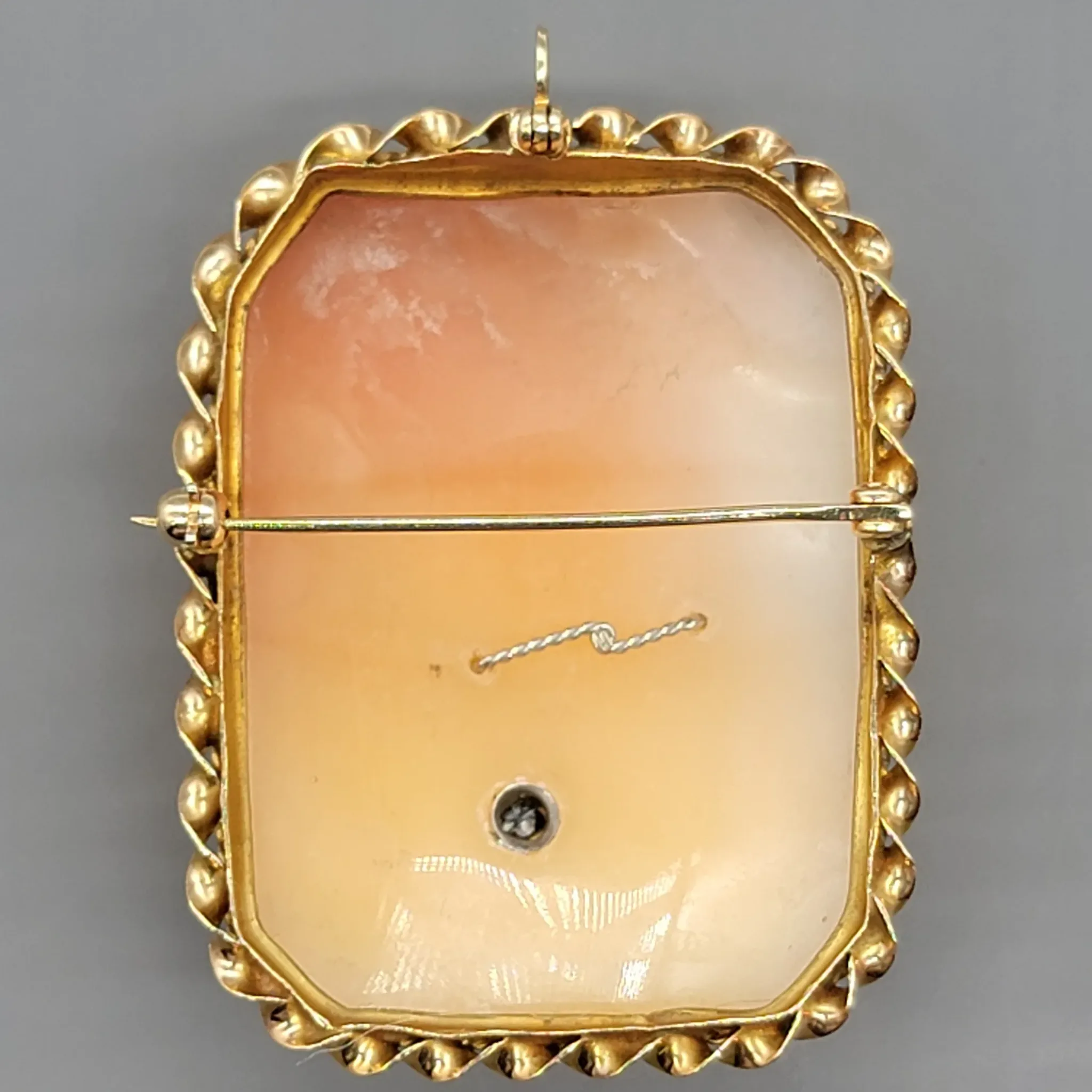Vintage 14K Gold Carved Shell Diamond Cameo Brooch & Pendant - View 7