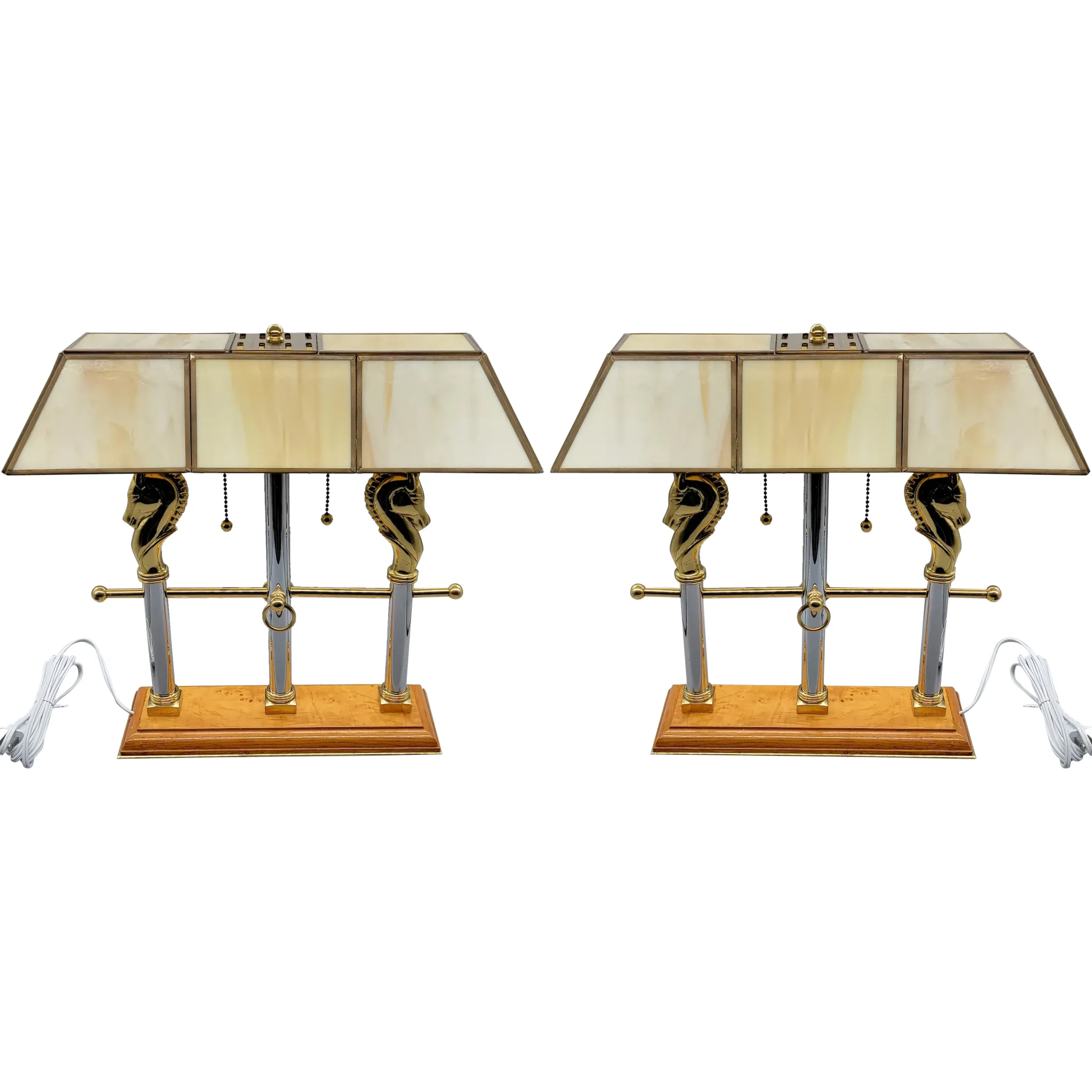 Pair Fredrick Raymond Polo Club Horse Lamps - Leaded Shades - 1989