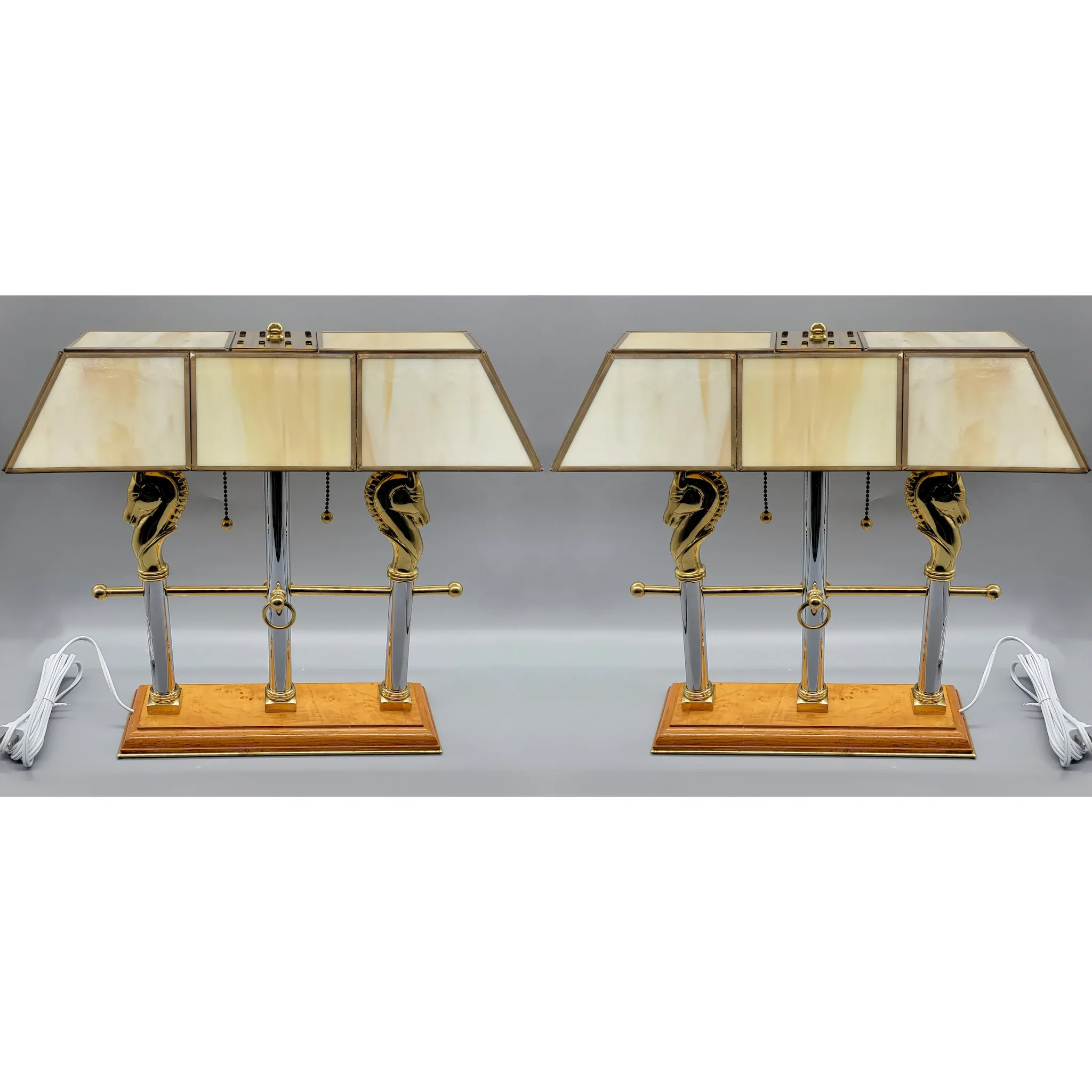 Pair Fredrick Raymond Polo Club Horse Lamps - Leaded Shades - 1989 - View 2