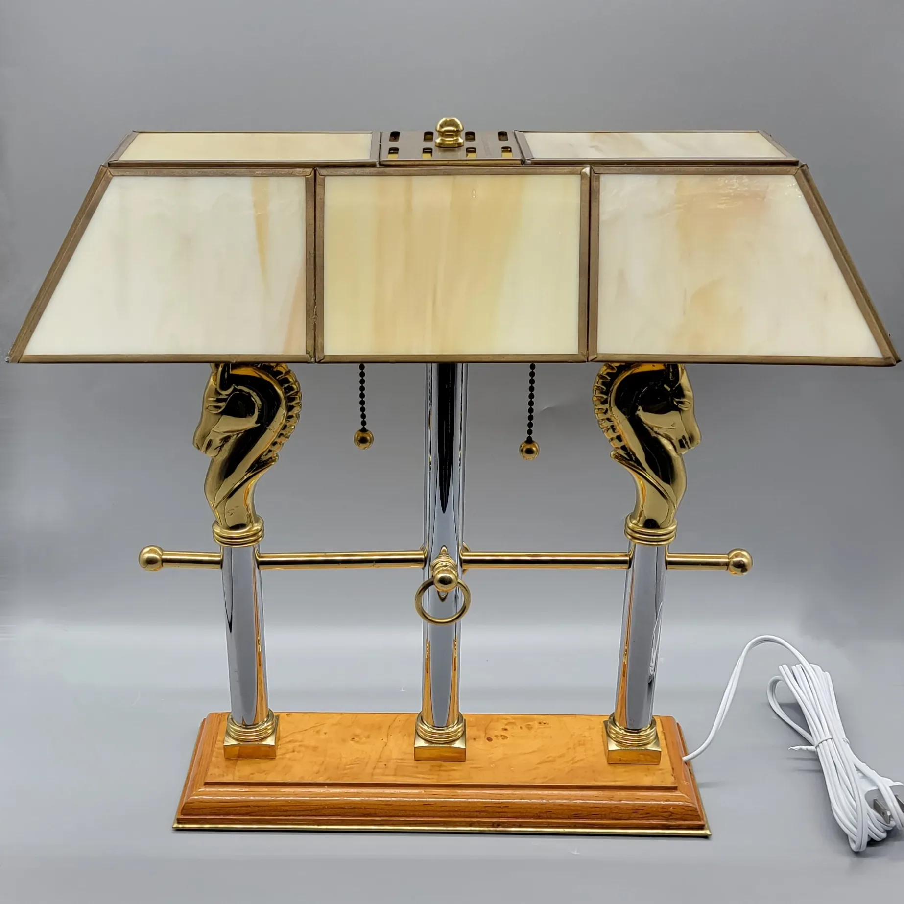 Pair Fredrick Raymond Polo Club Horse Lamps - Leaded Shades - 1989 - View 3