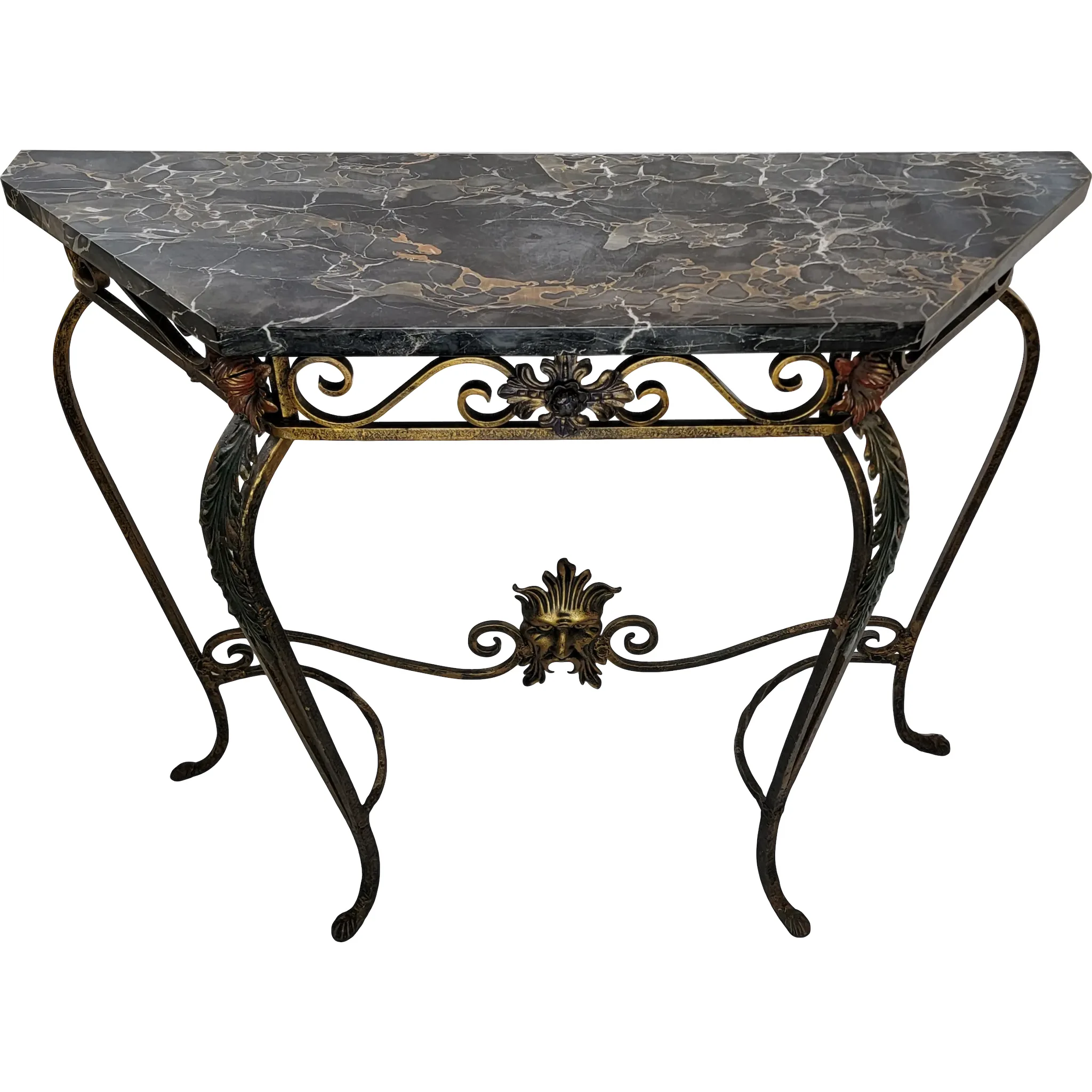 Vintage Wrought Iron & Marble Top Table 1920s-30s - Portoro Italian Marble