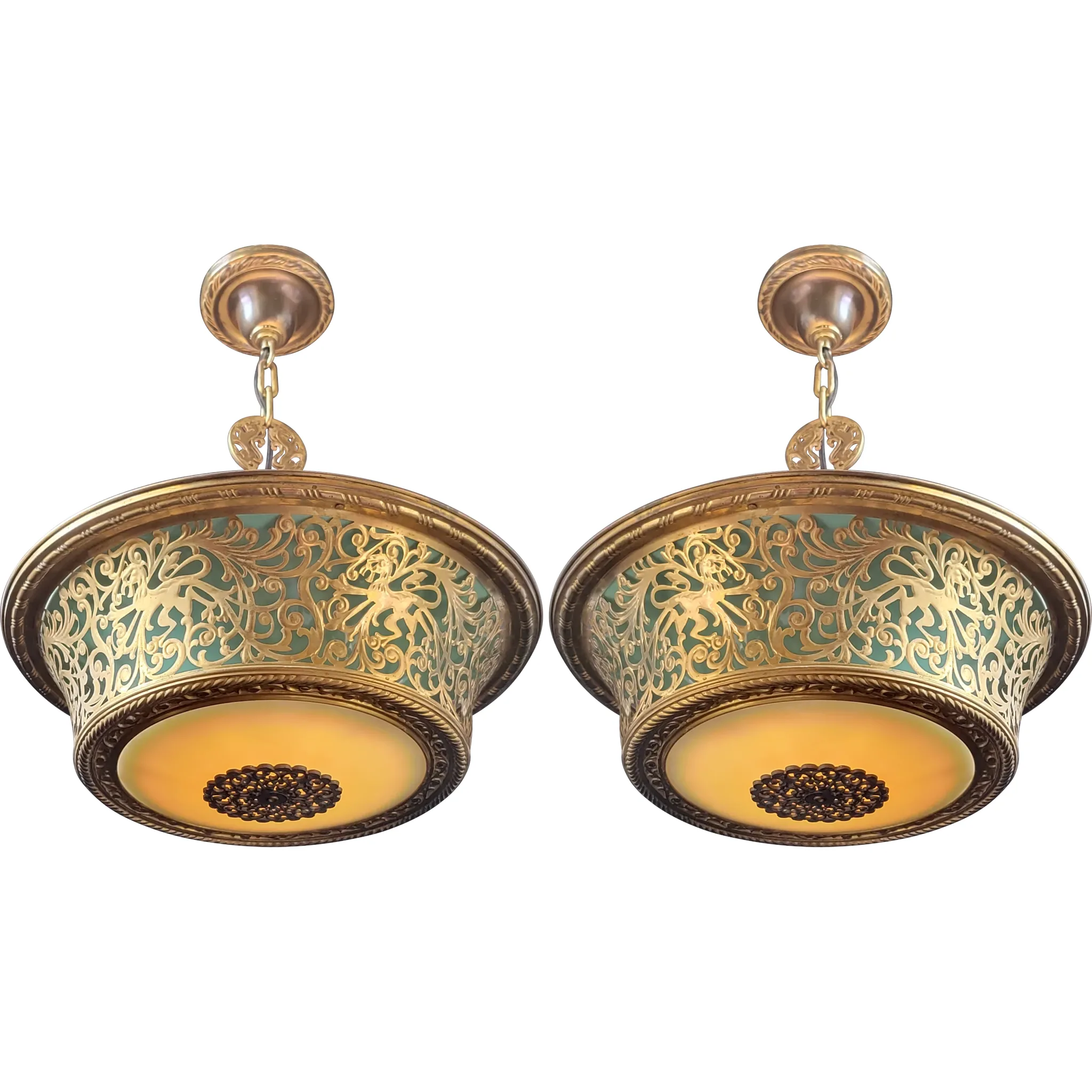 Pair Miller Duplexalite Light Fixtures - Brass Griffons - Green Enamel