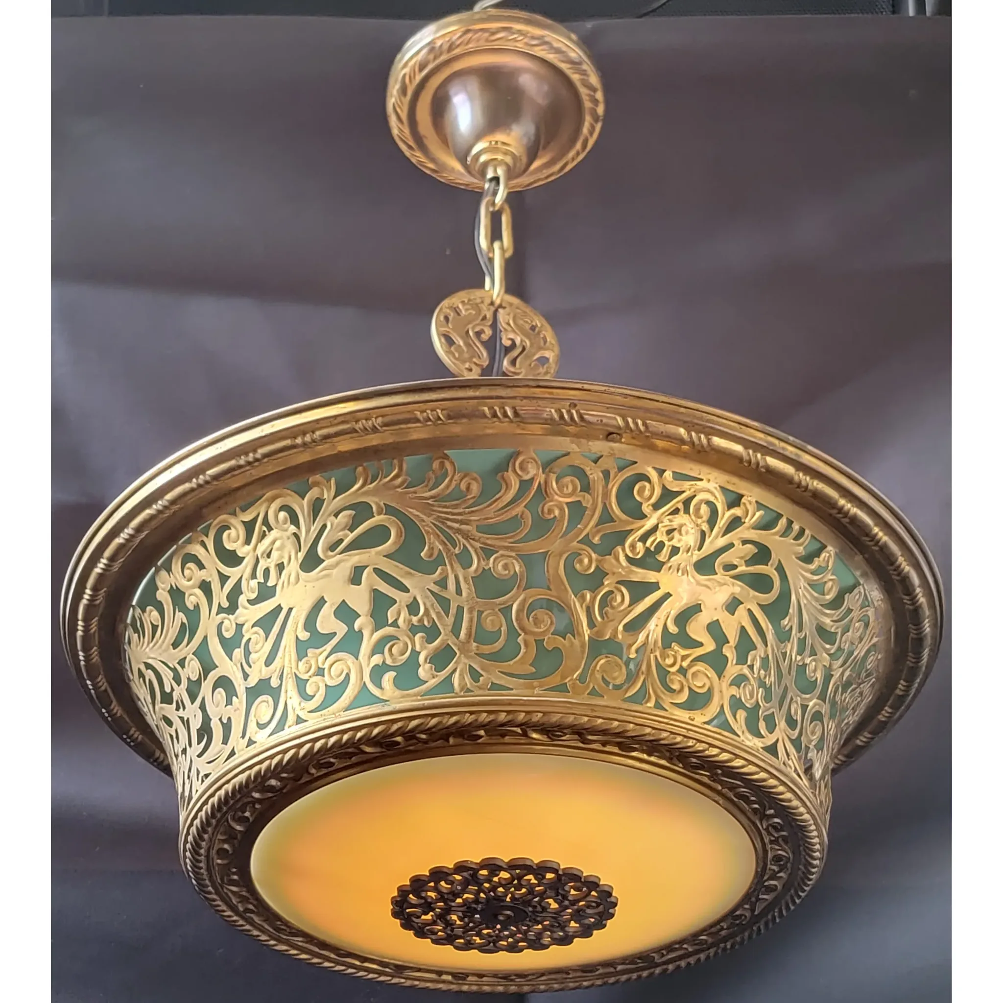 Pair Miller Duplexalite Light Fixtures - Brass Griffons - Green Enamel - View 3