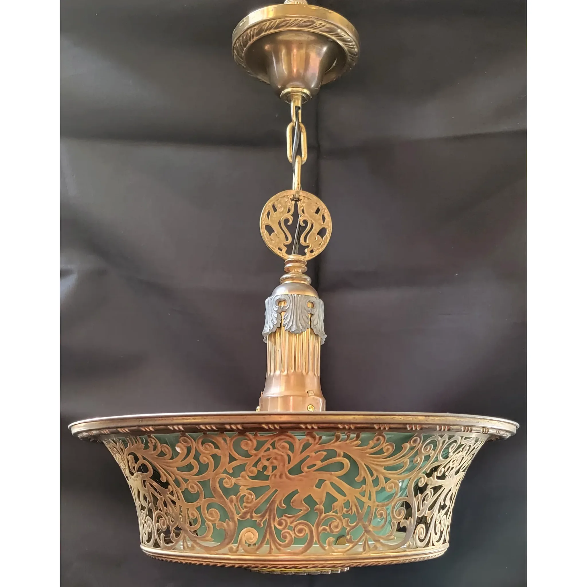 Pair Miller Duplexalite Light Fixtures - Brass Griffons - Green Enamel - View 5
