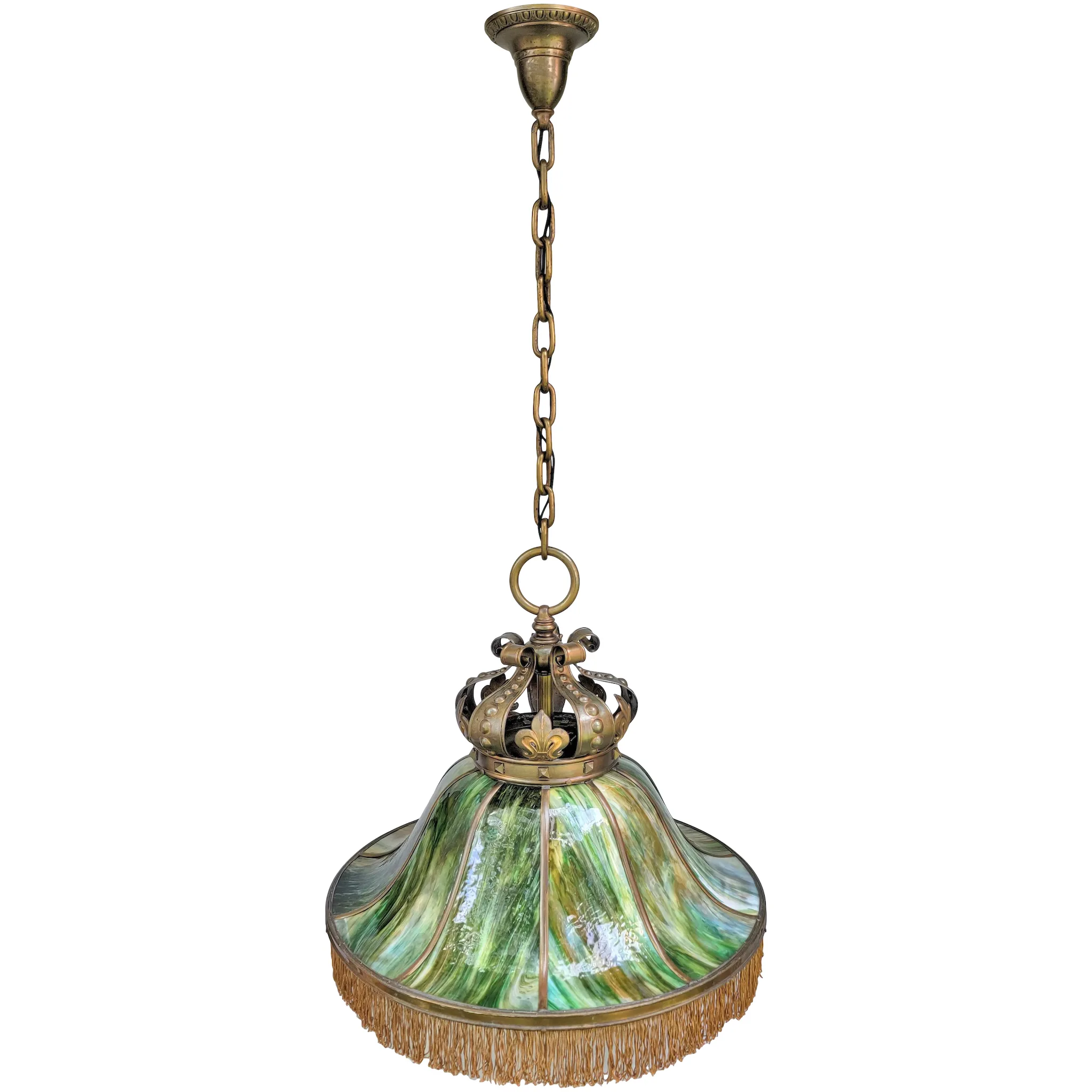 Massive Antique Bent Slag Glass & Brass Crown Top Dome Light Fixture - 28"W