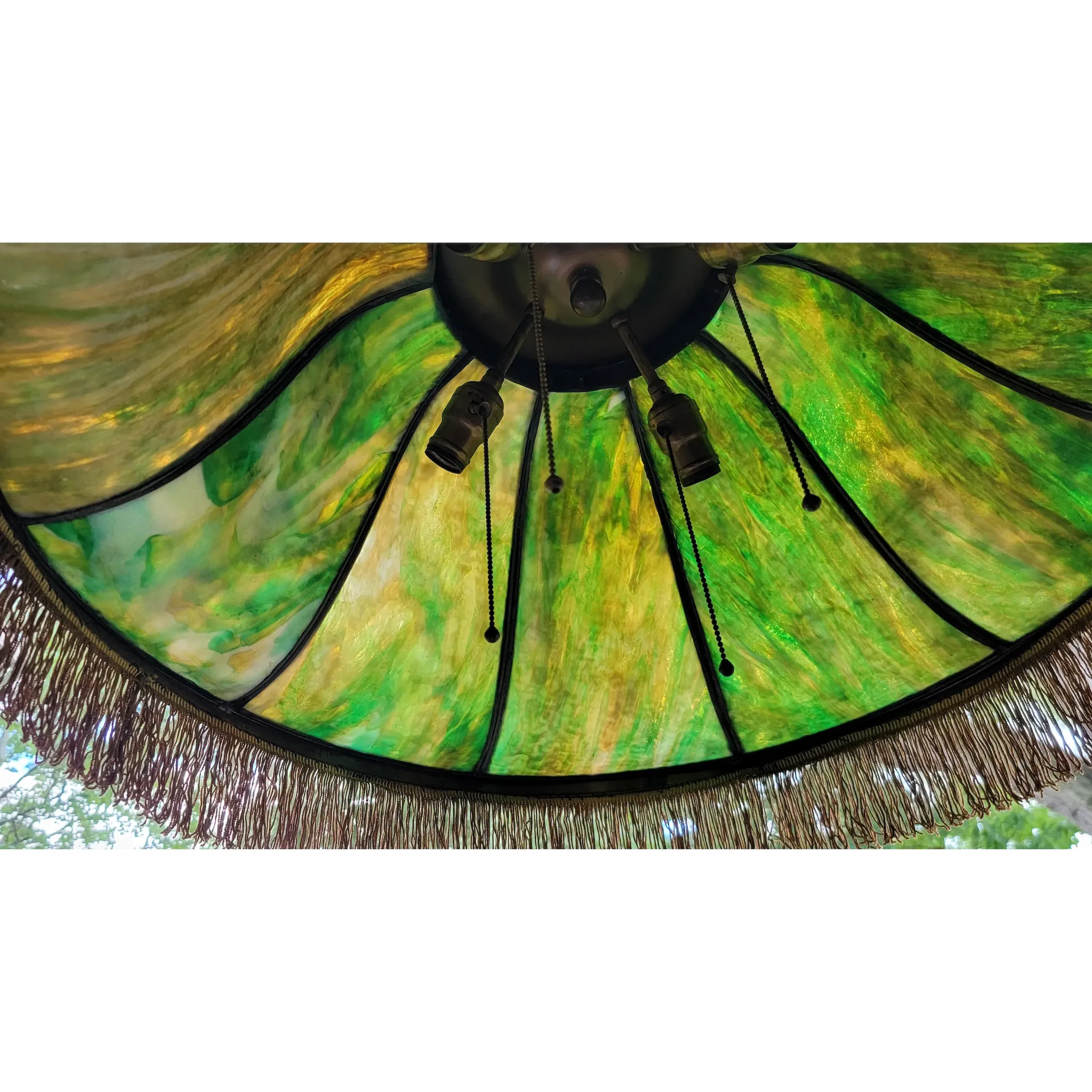 Massive Antique Bent Slag Glass & Brass Crown Top Dome Light Fixture - 28"W - View 10