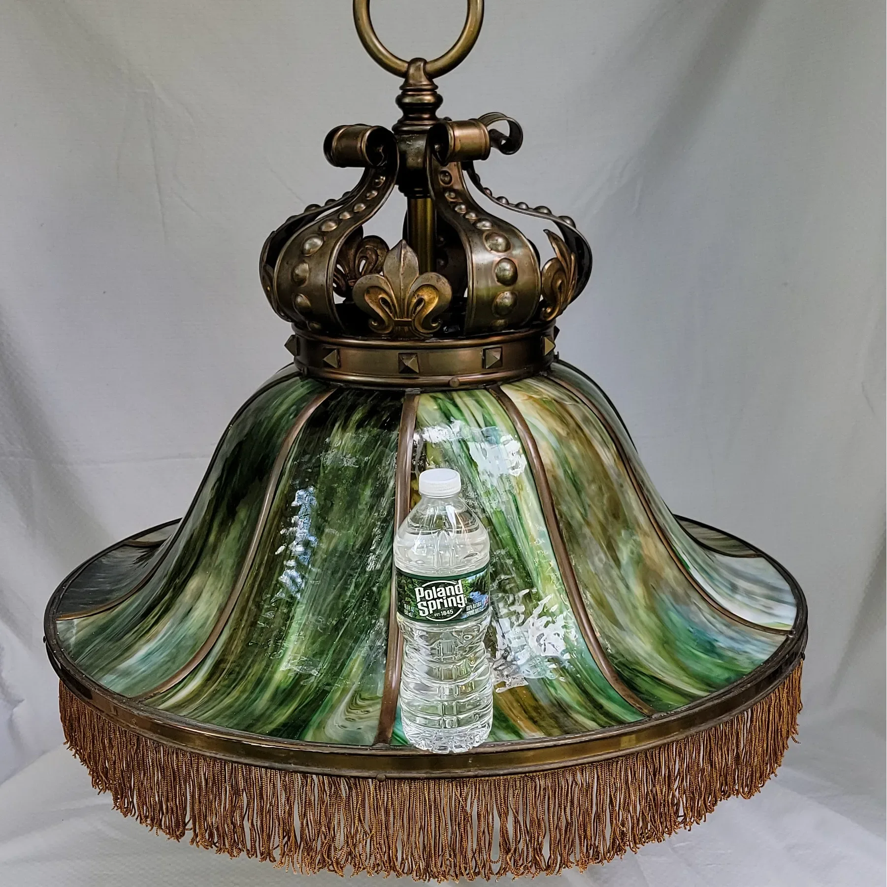 Massive Antique Bent Slag Glass & Brass Crown Top Dome Light Fixture - 28"W - View 12