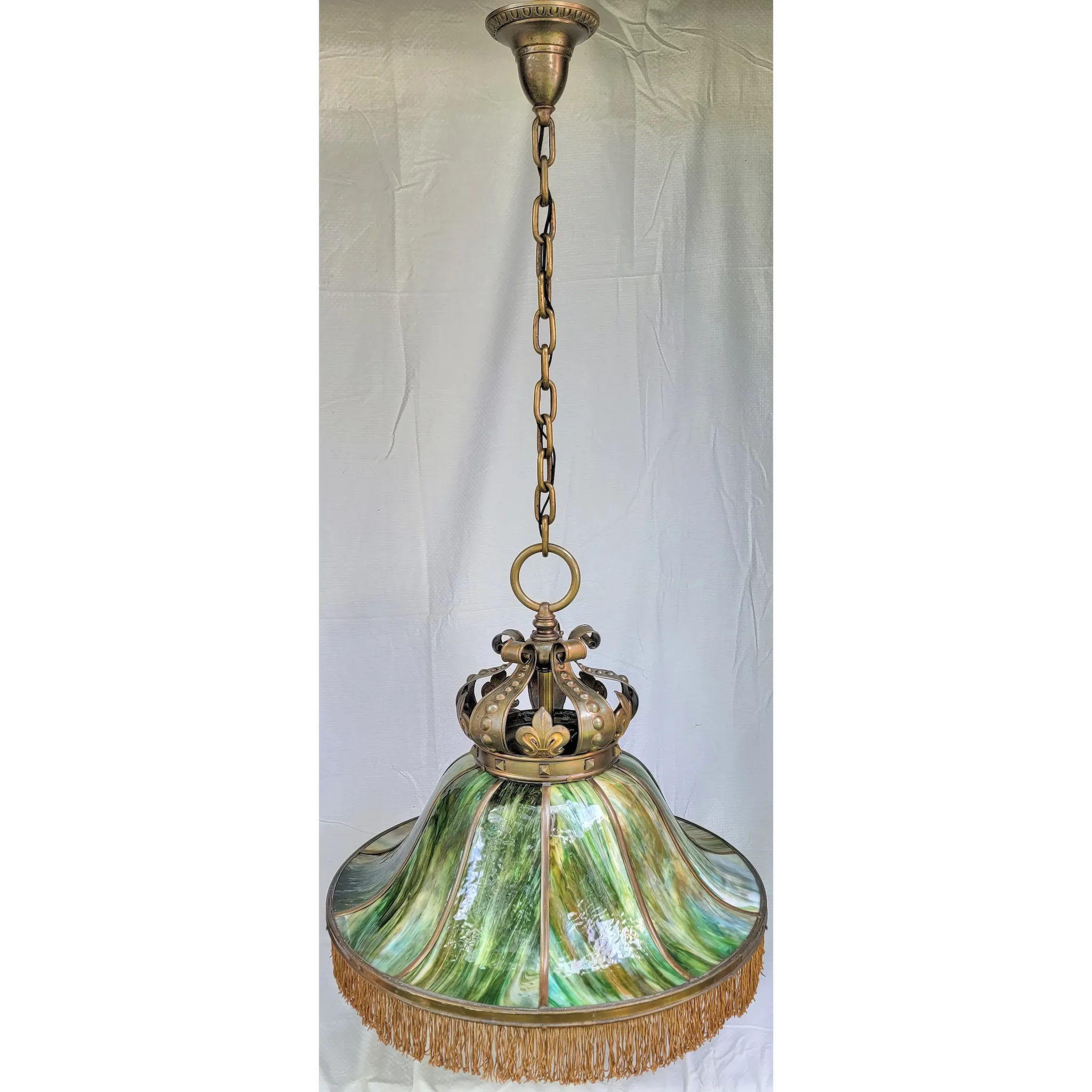 Massive Antique Bent Slag Glass & Brass Crown Top Dome Light Fixture - 28"W - View 2