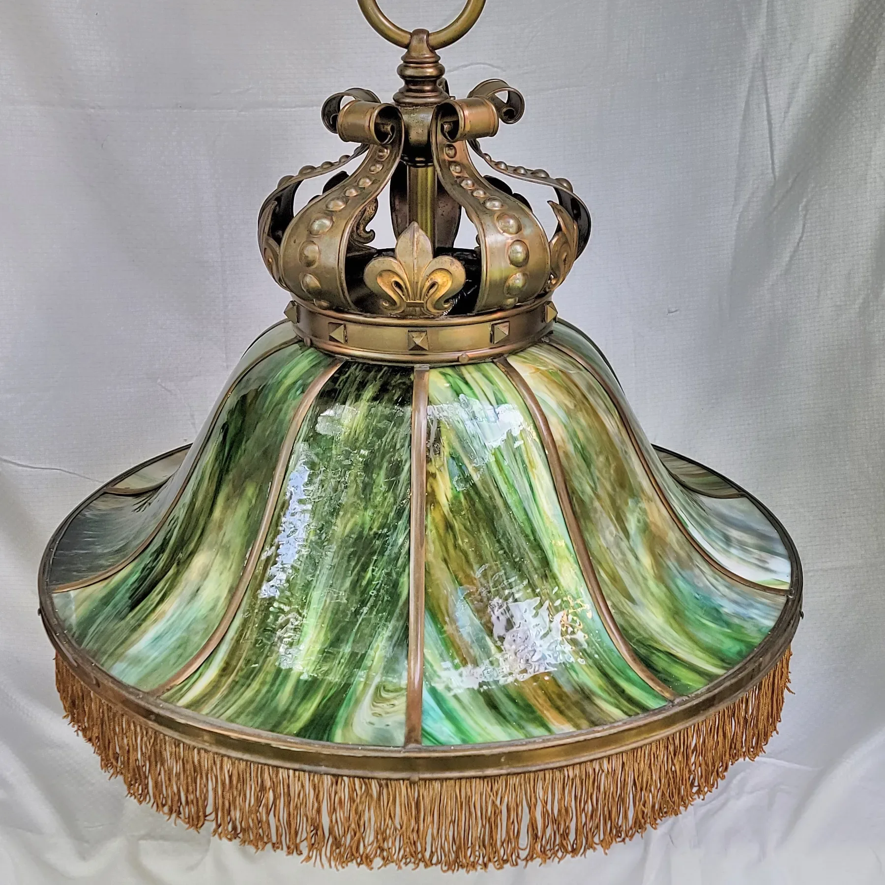 Massive Antique Bent Slag Glass & Brass Crown Top Dome Light Fixture - 28"W - View 3