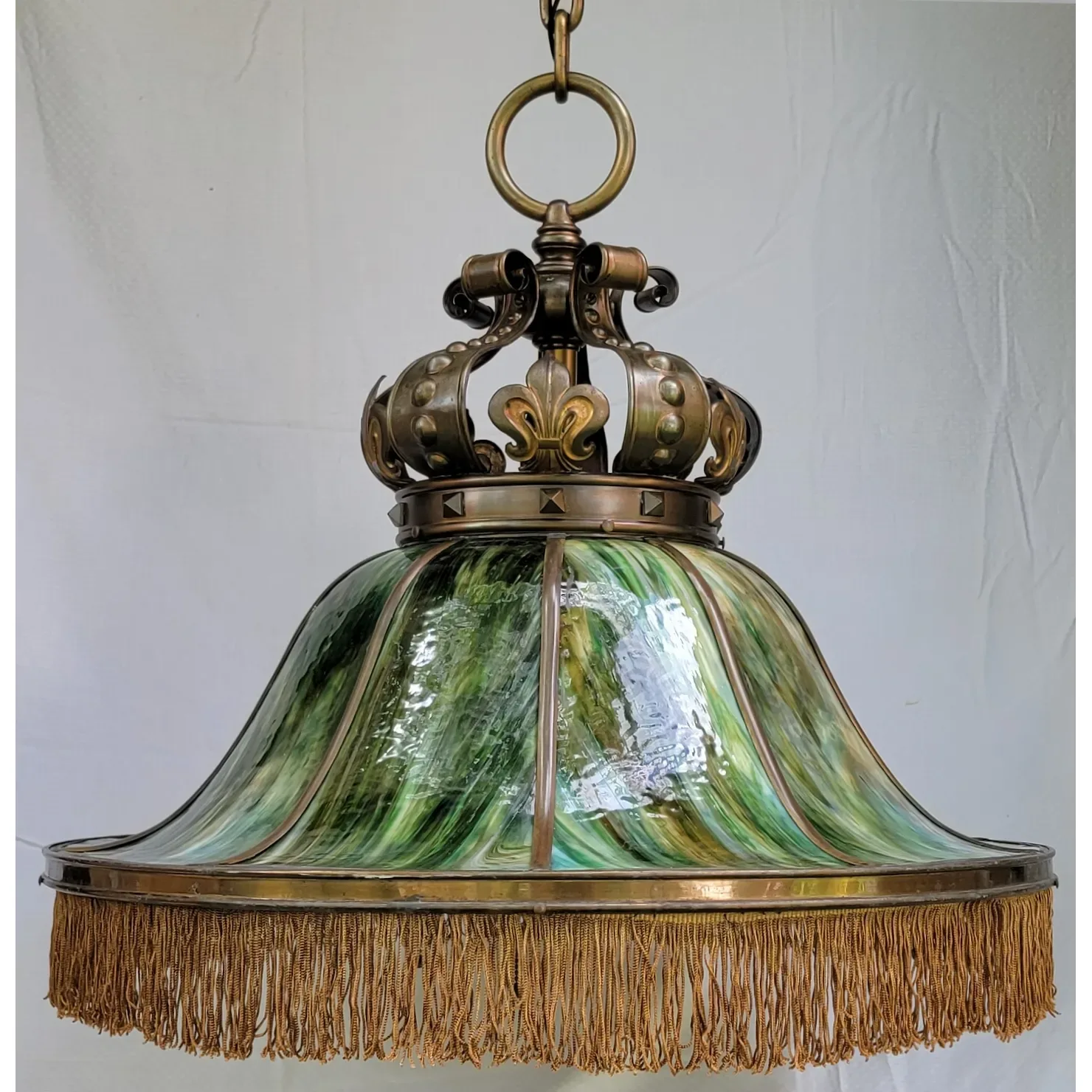 Massive Antique Bent Slag Glass & Brass Crown Top Dome Light Fixture - 28"W - View 4