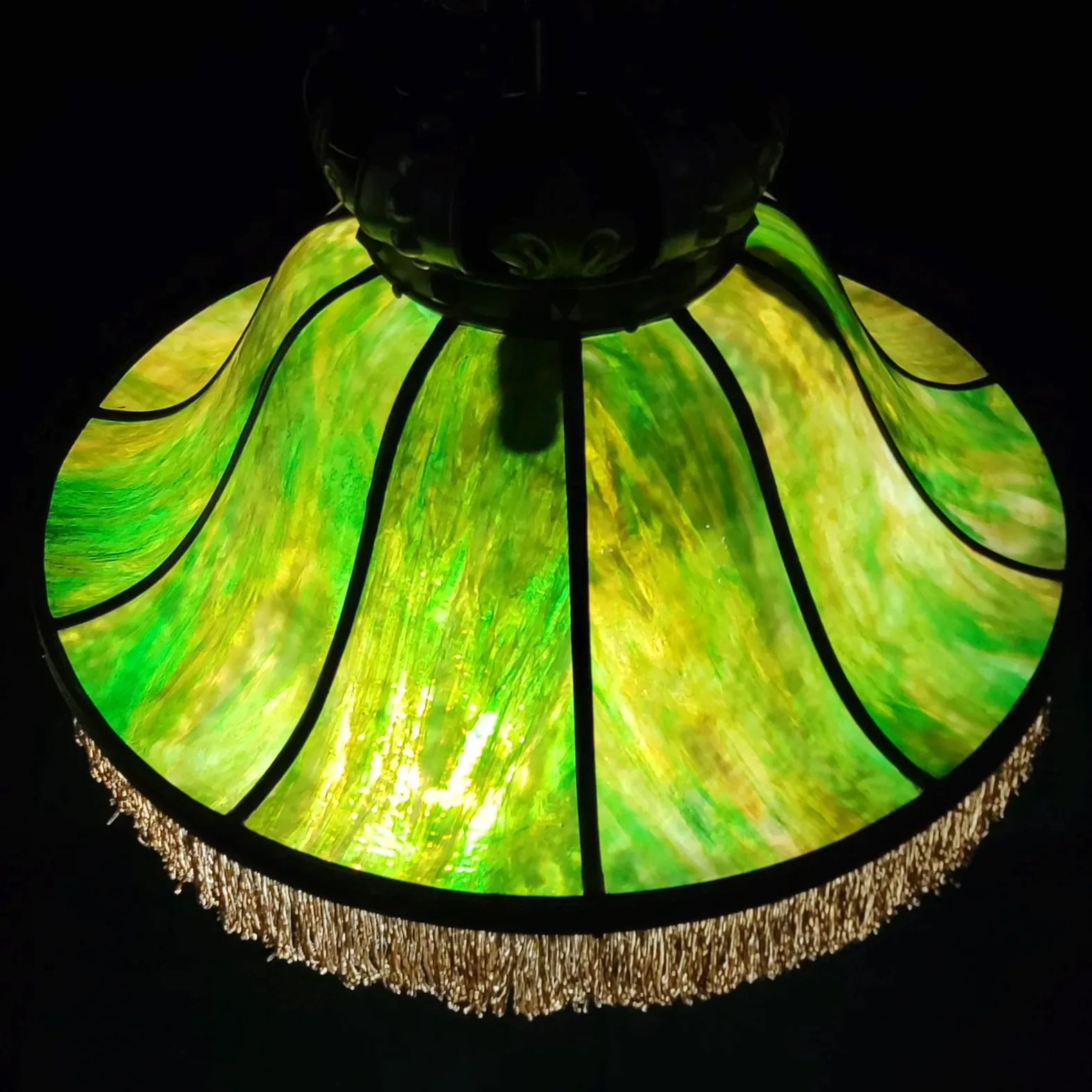Massive Antique Bent Slag Glass & Brass Crown Top Dome Light Fixture - 28"W - View 5