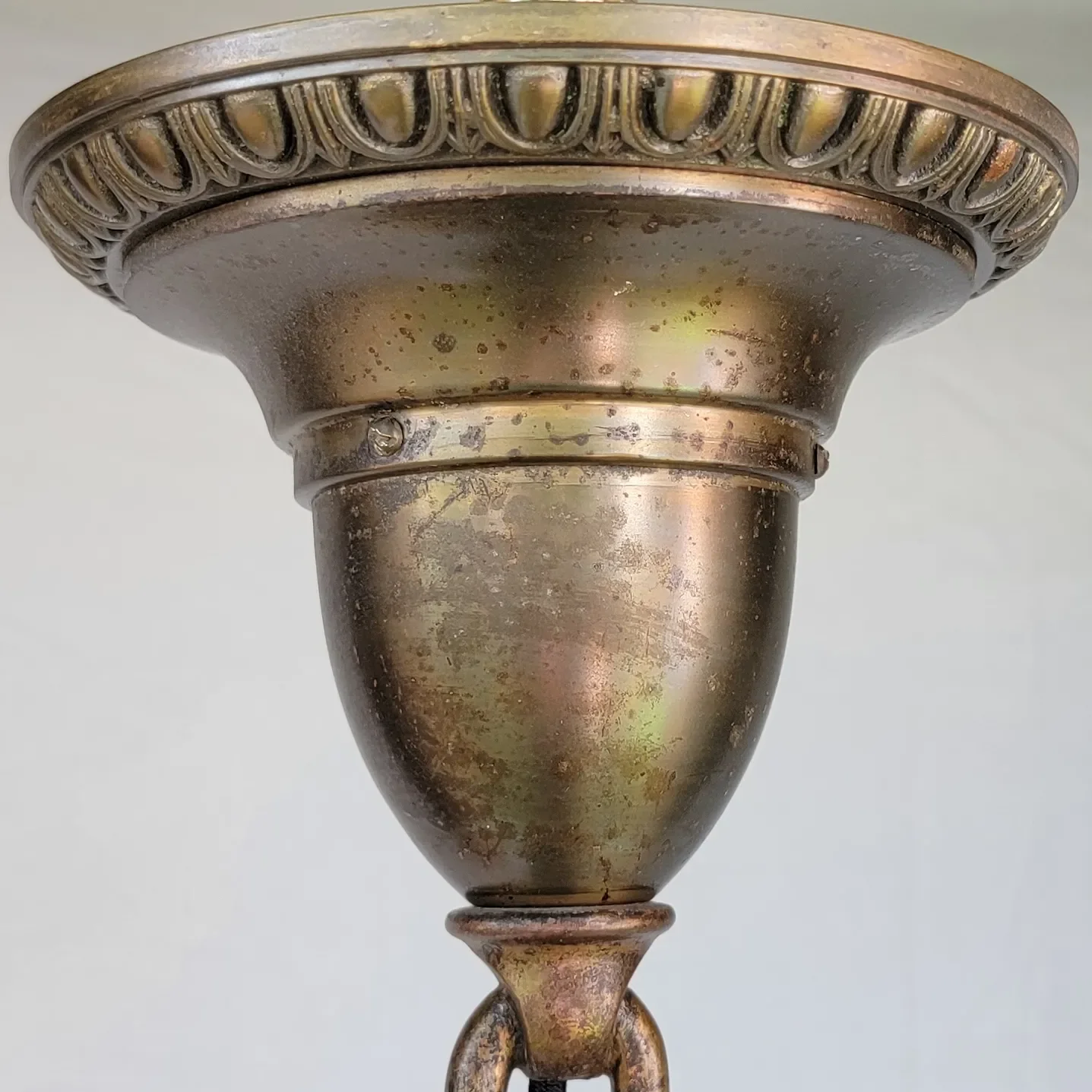 Massive Antique Bent Slag Glass & Brass Crown Top Dome Light Fixture - 28"W - View 6