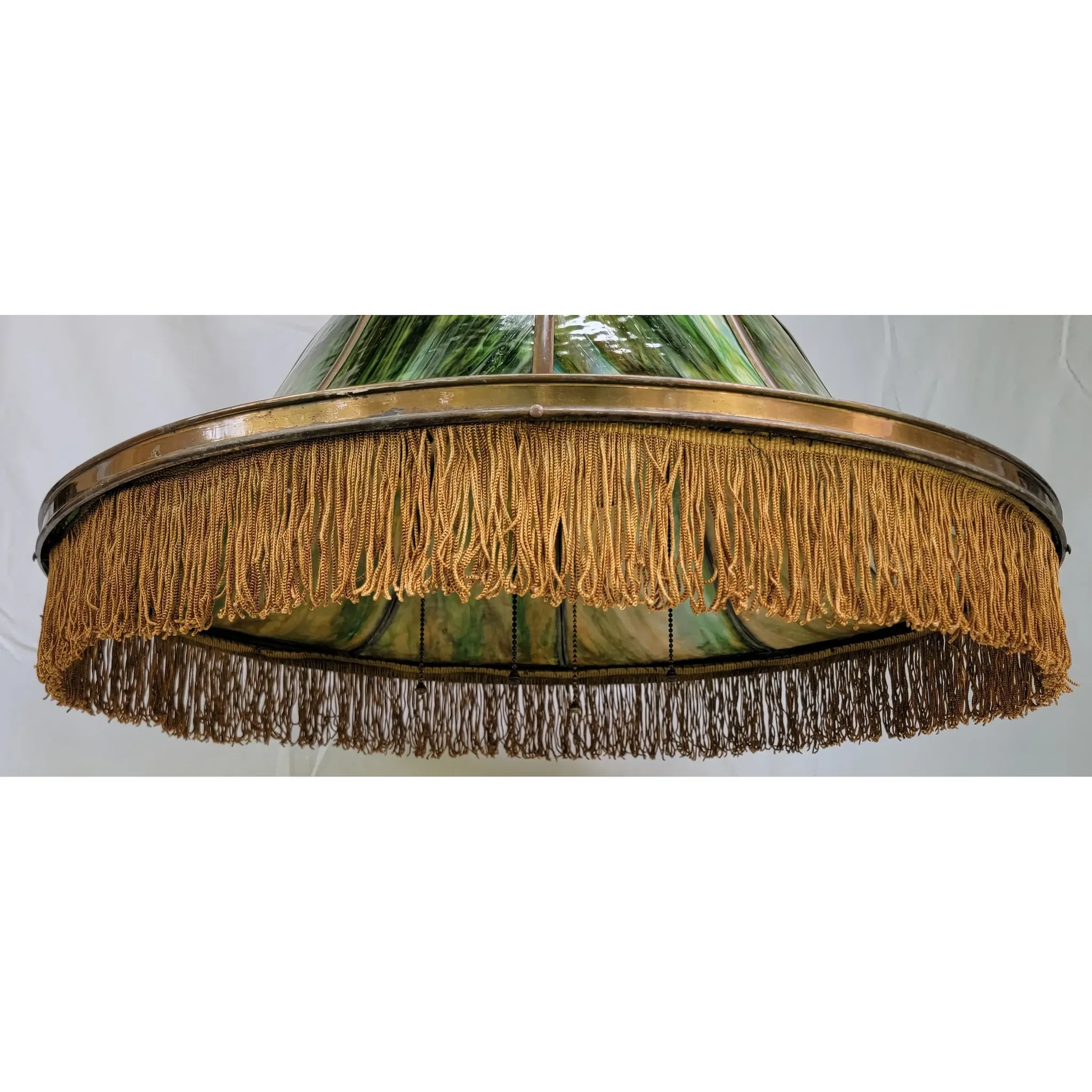Massive Antique Bent Slag Glass & Brass Crown Top Dome Light Fixture - 28"W - View 9