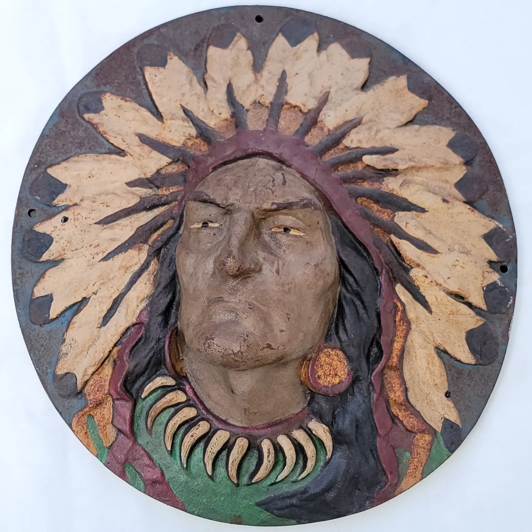 Antique Cast Iron Native American Indian Chief Architectural Wall Plaque 18" - View 2