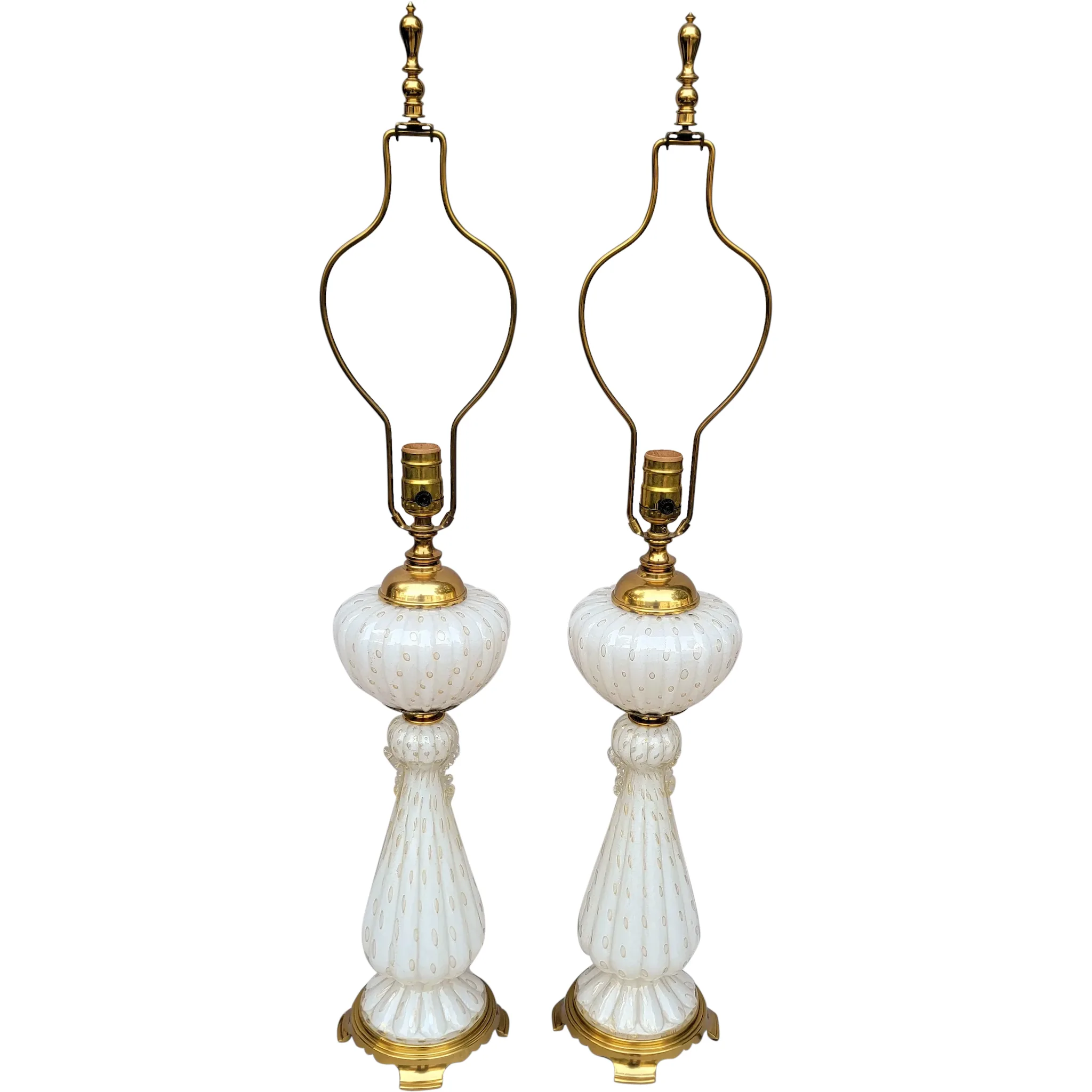 Pair Murano Glass Lamps - 1960s or 70s - White with Gold Flecks and Bubbles