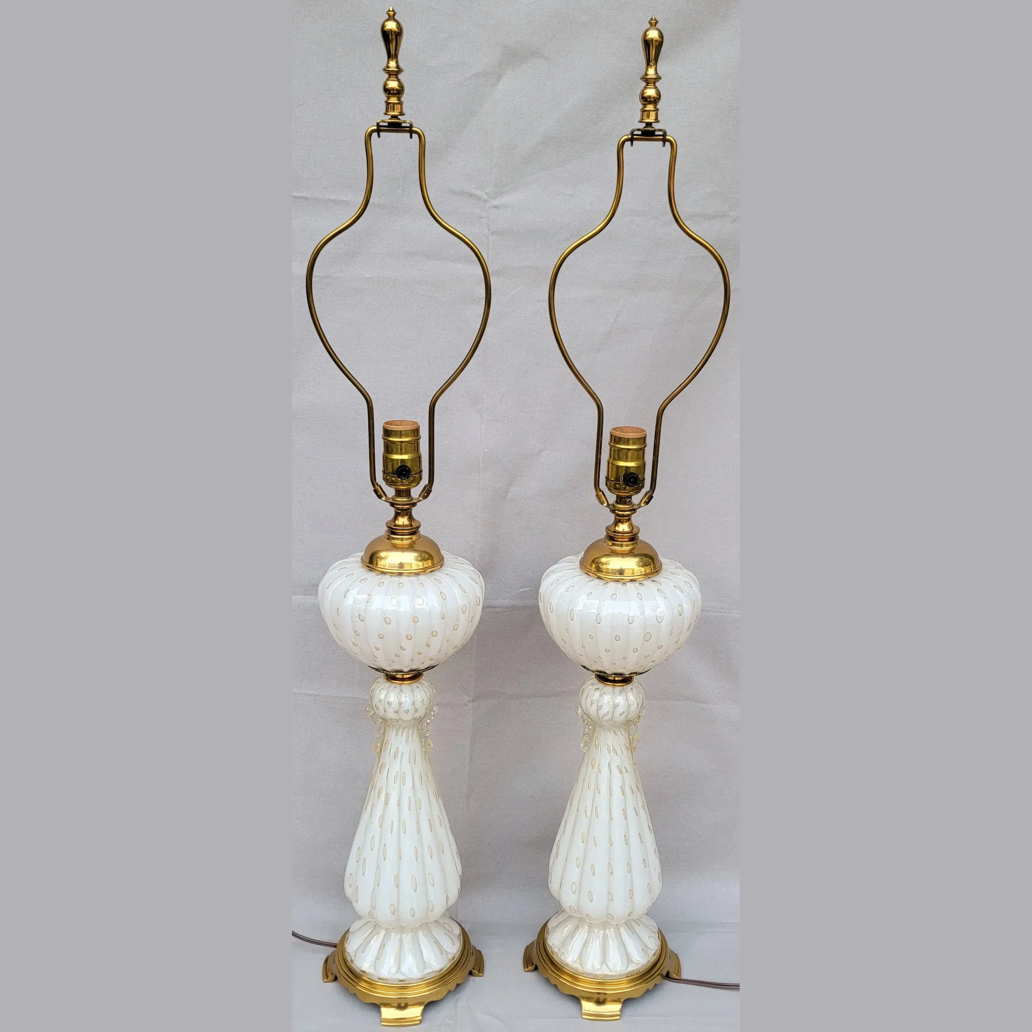 Pair Murano Glass Lamps - 1960s or 70s - White with Gold Flecks and Bubbles - View 2