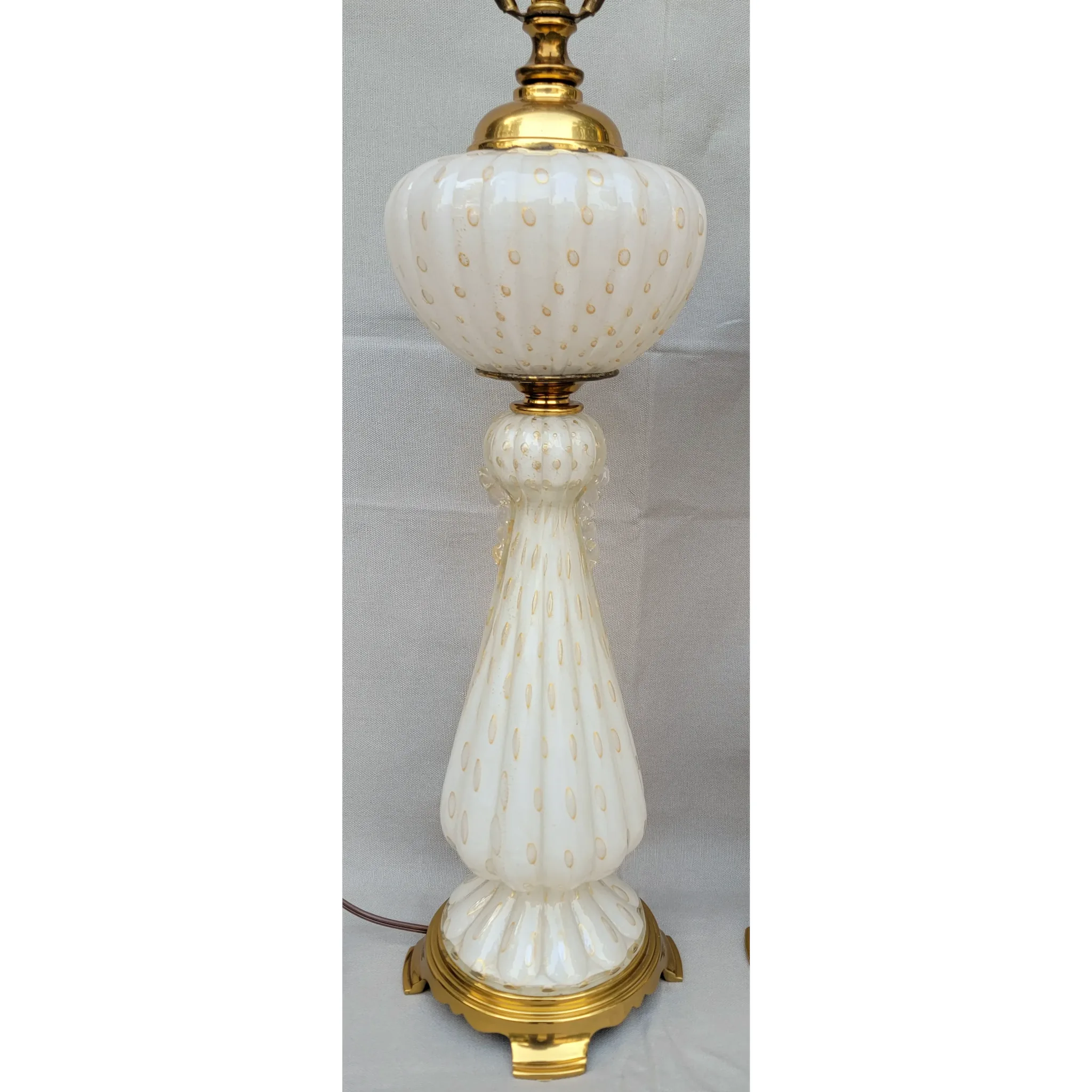 Pair Murano Glass Lamps - 1960s or 70s - White with Gold Flecks and Bubbles - View 4