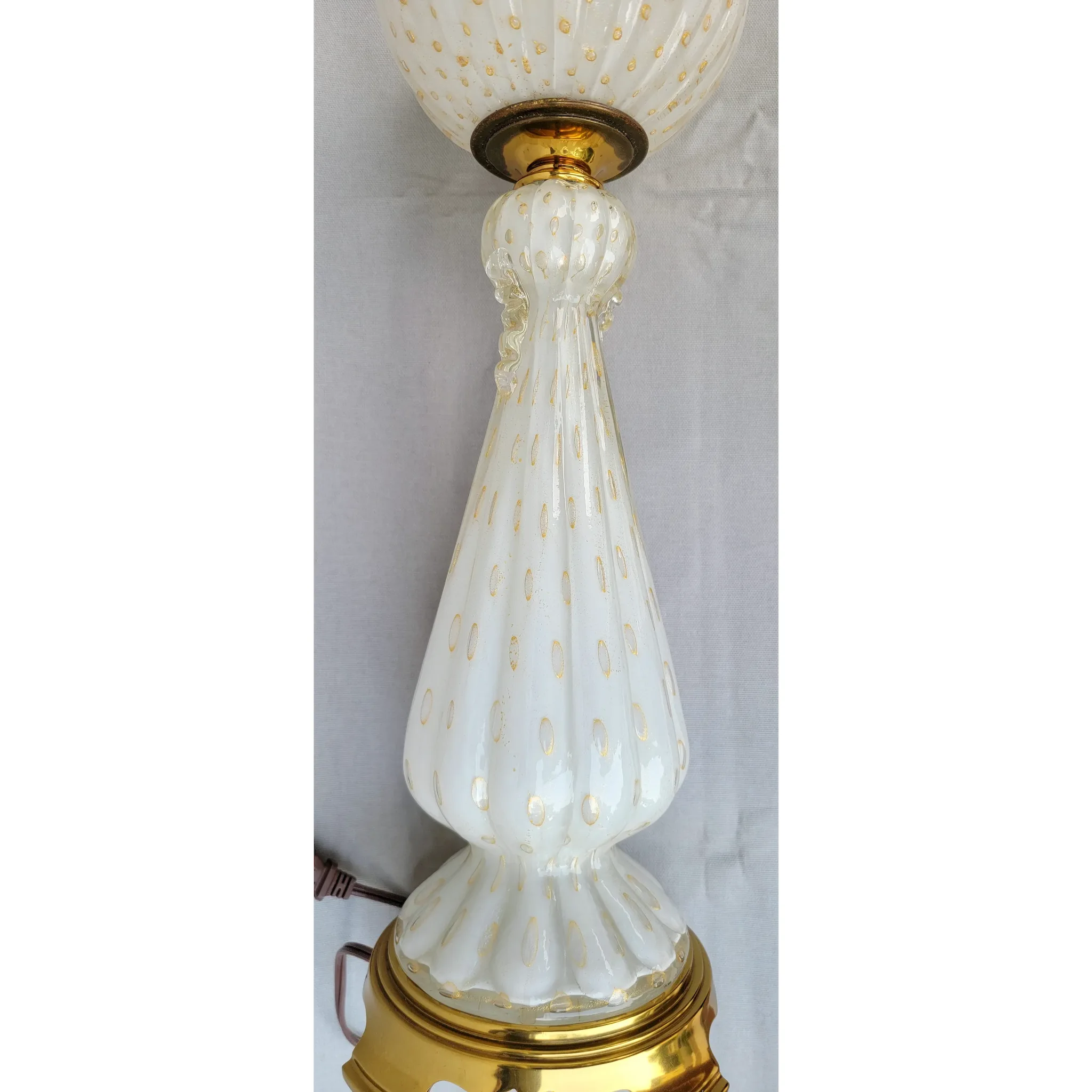 Pair Murano Glass Lamps - 1960s or 70s - White with Gold Flecks and Bubbles - View 6