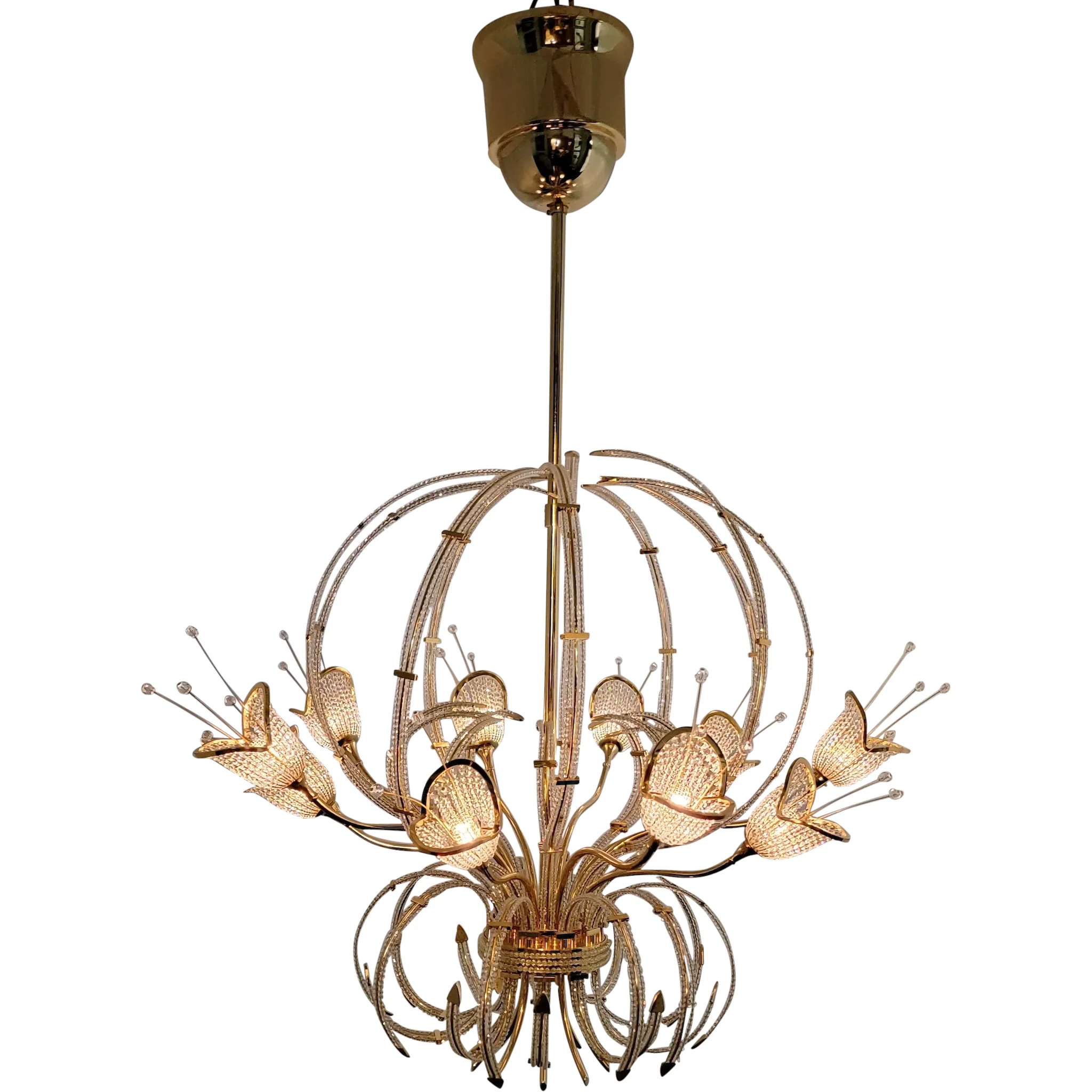 Vintage Italian 24K Gold Plated Brass 10-Light Chandelier - Swarovski Crystal Beads