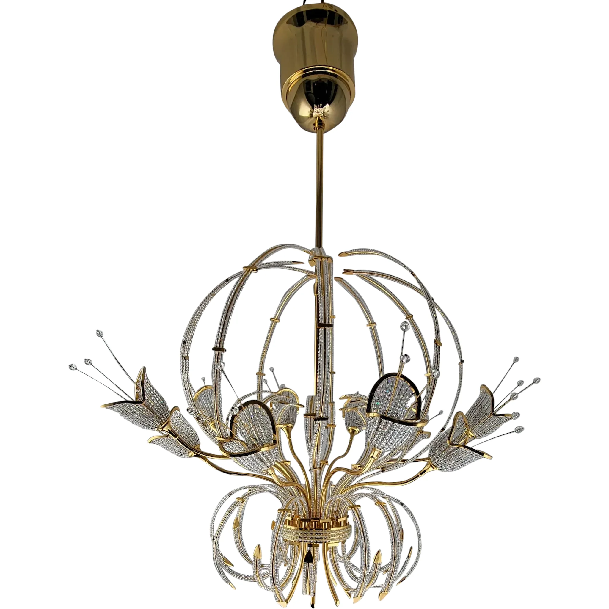 Vintage Italian 24K Gold Plated Brass 10-Light Chandelier - Swarovski Crystal Beads - View 2