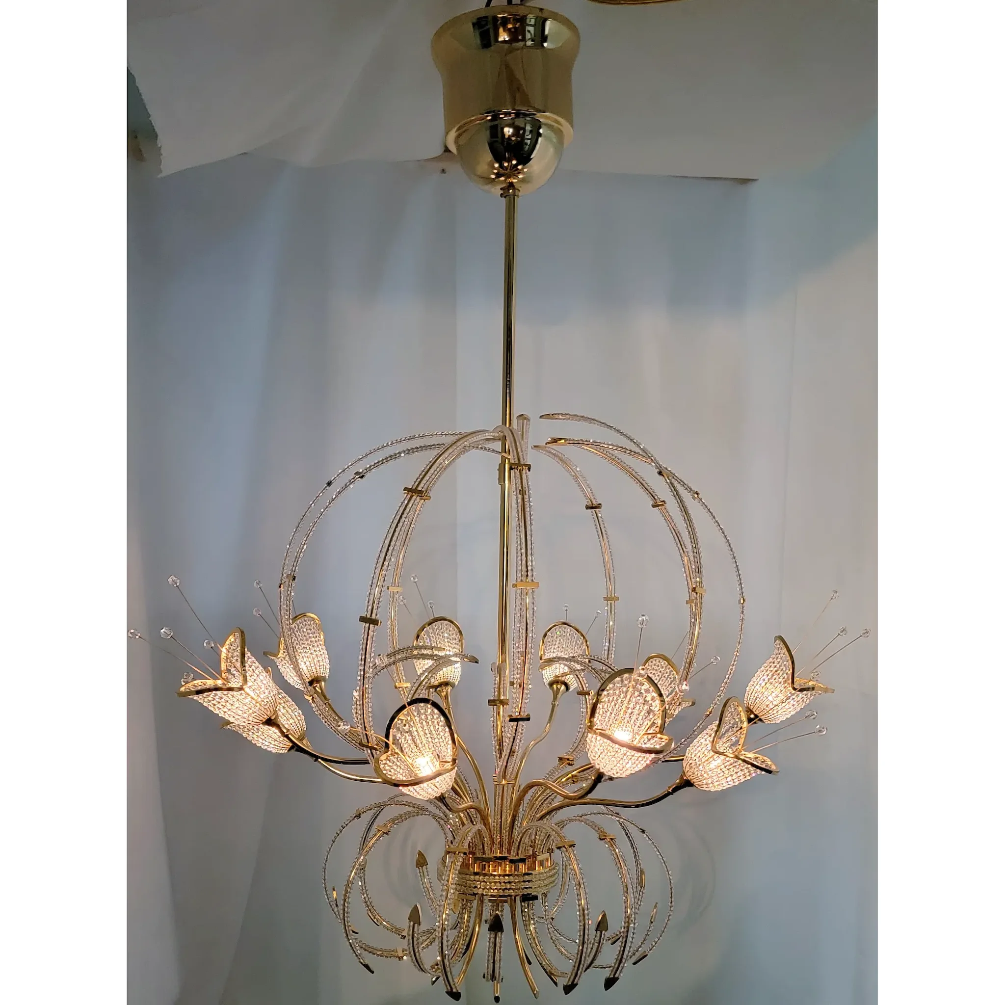 Vintage Italian 24K Gold Plated Brass 10-Light Chandelier - Swarovski Crystal Beads - View 3