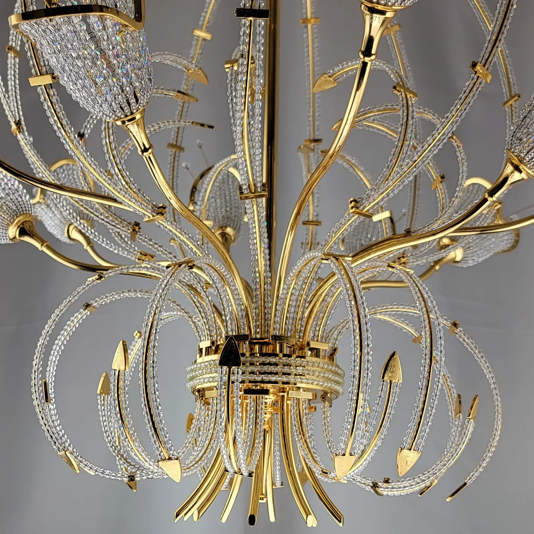 Vintage Italian 24K Gold Plated Brass 10-Light Chandelier - Swarovski Crystal Beads - View 4