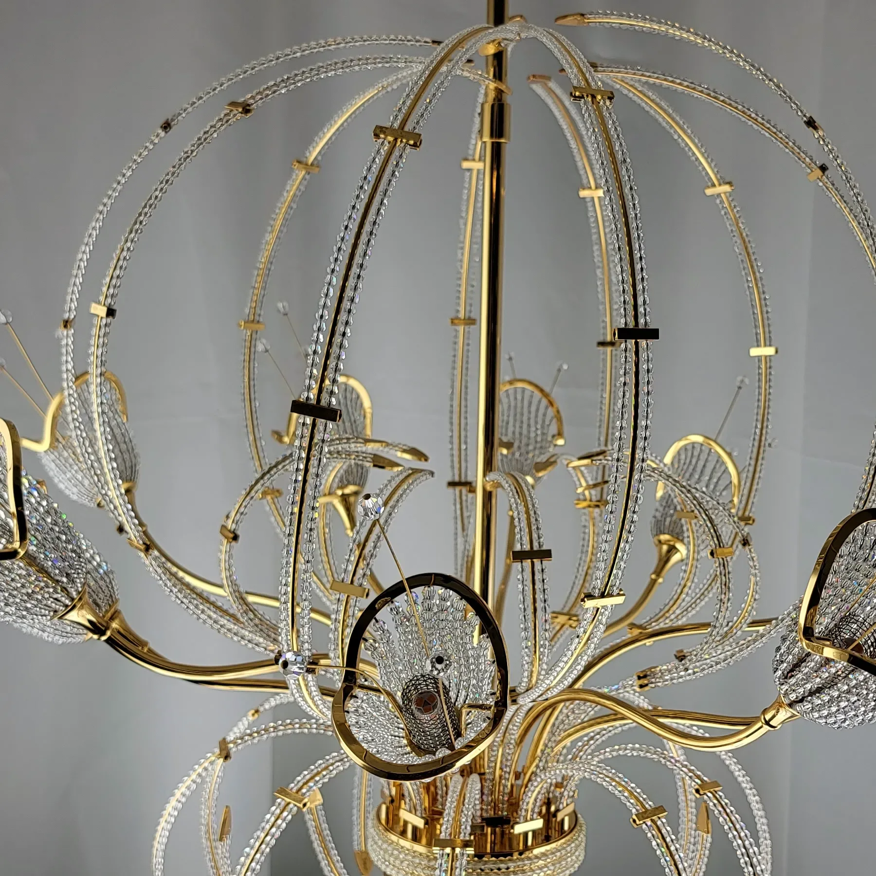 Vintage Italian 24K Gold Plated Brass 10-Light Chandelier - Swarovski Crystal Beads - View 5