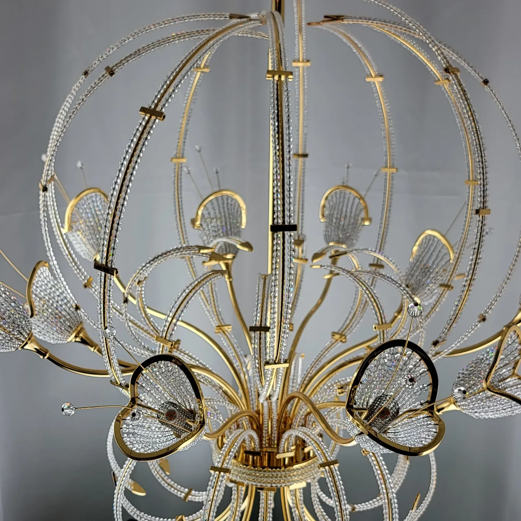 Vintage Italian 24K Gold Plated Brass 10-Light Chandelier - Swarovski Crystal Beads - View 6