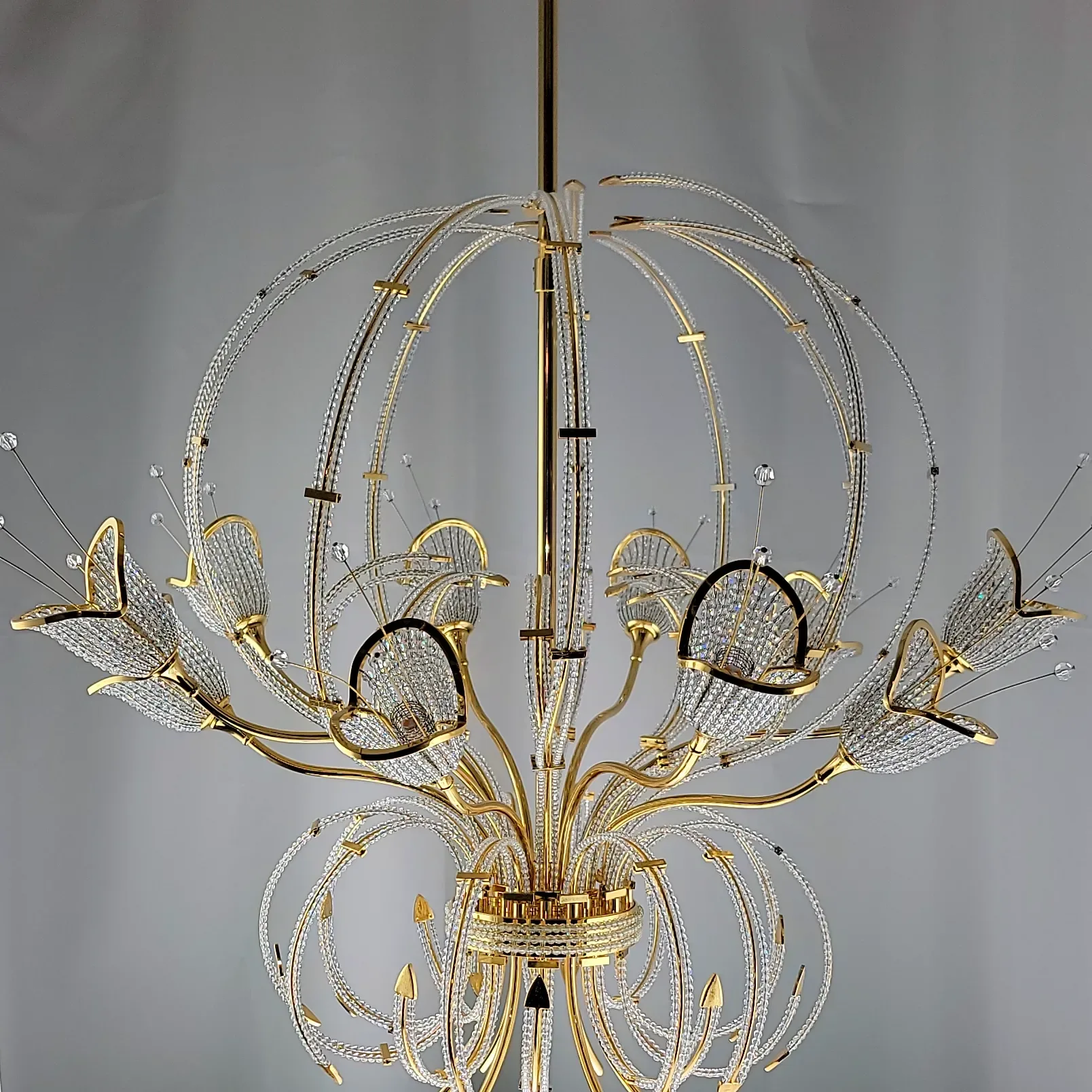 Vintage Italian 24K Gold Plated Brass 10-Light Chandelier - Swarovski Crystal Beads - View 7