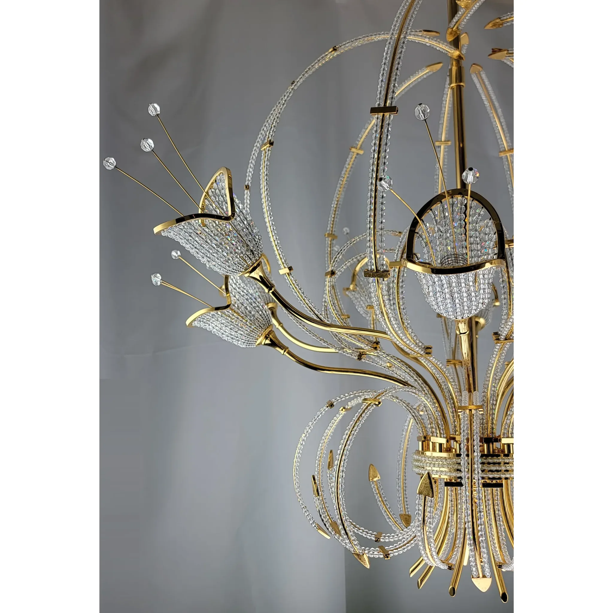 Vintage Italian 24K Gold Plated Brass 10-Light Chandelier - Swarovski Crystal Beads - View 9