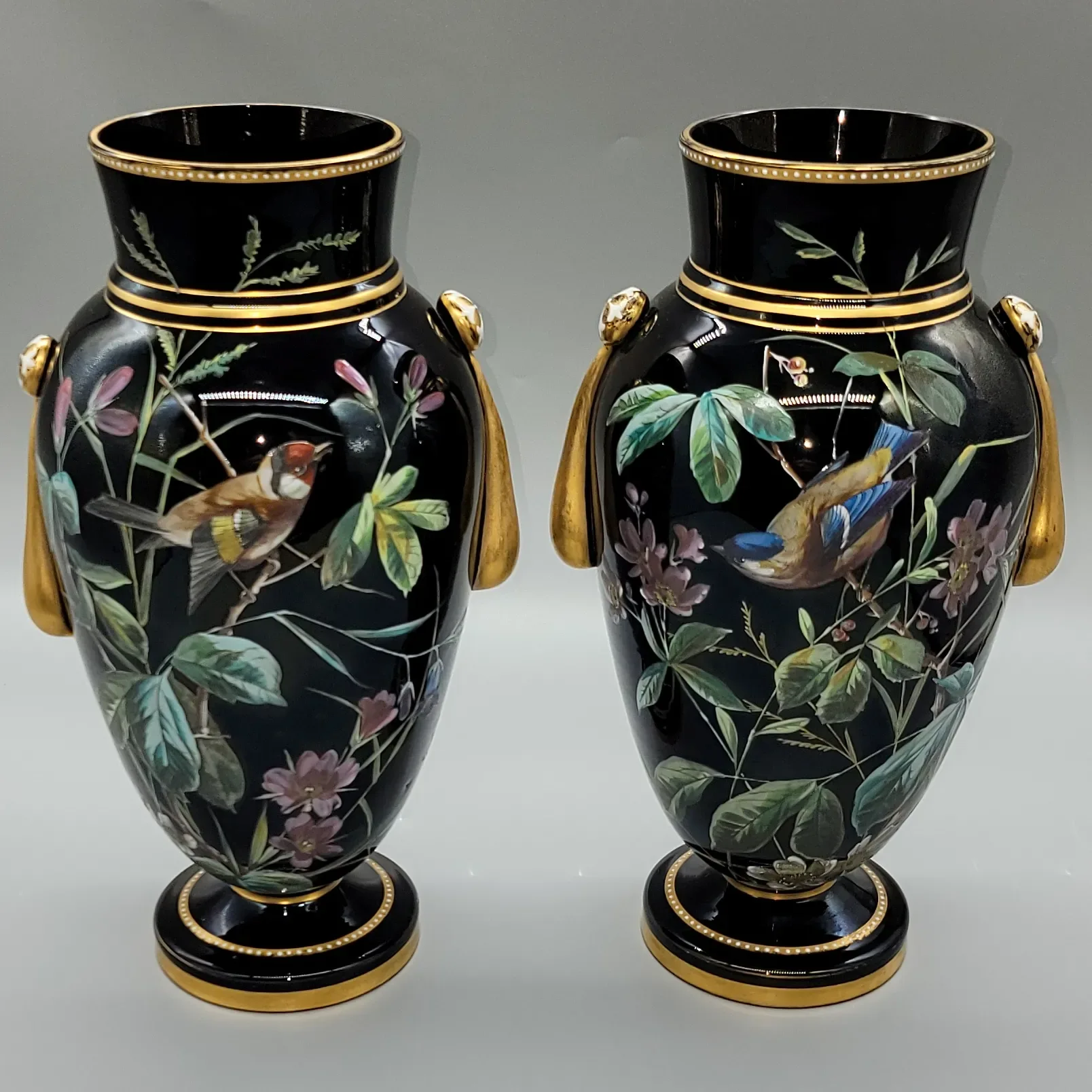 Pair Antique Moser Onyx Glass Vases - HP Gilt Enameled Birds & Florals - View 2