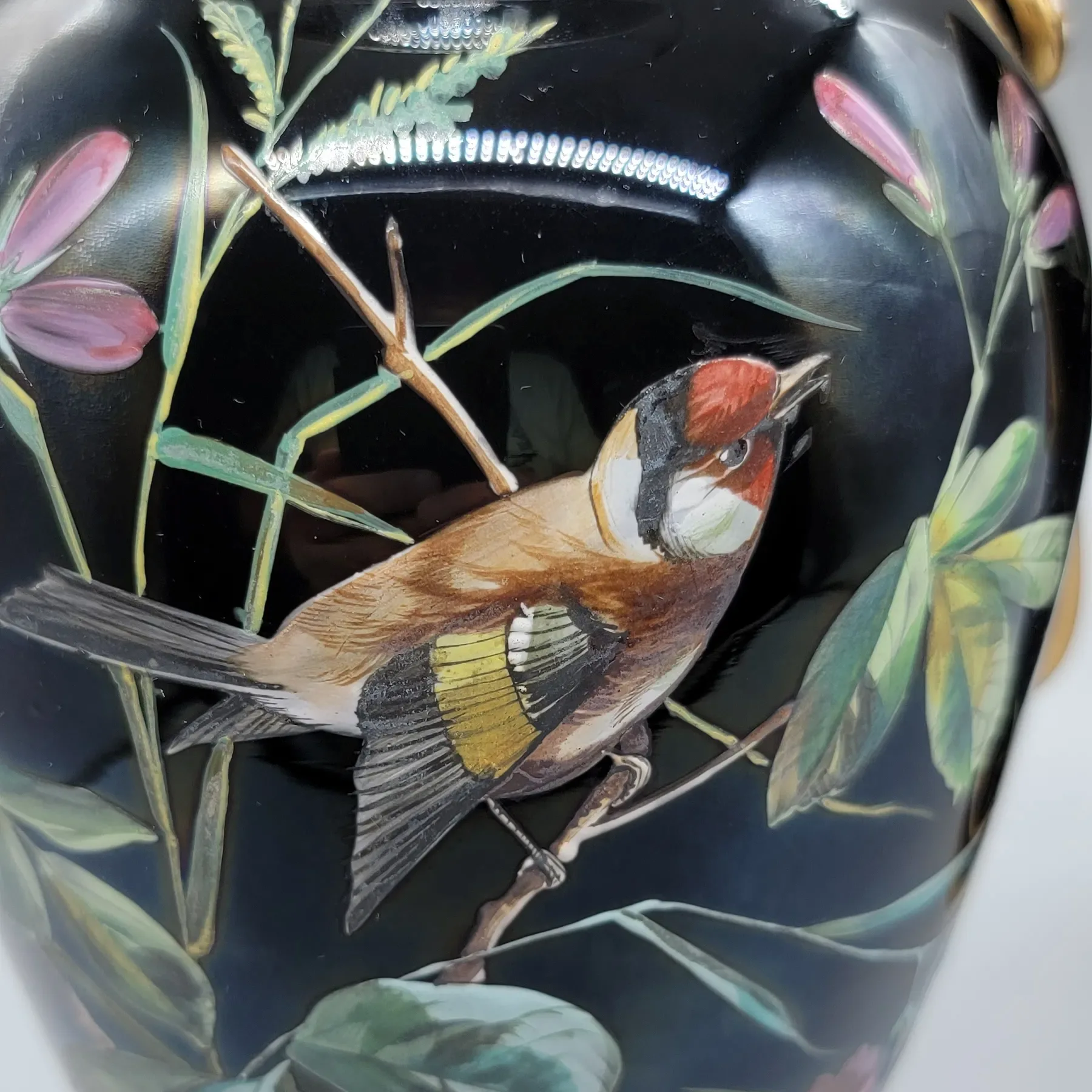 Pair Antique Moser Onyx Glass Vases - HP Gilt Enameled Birds & Florals - View 3