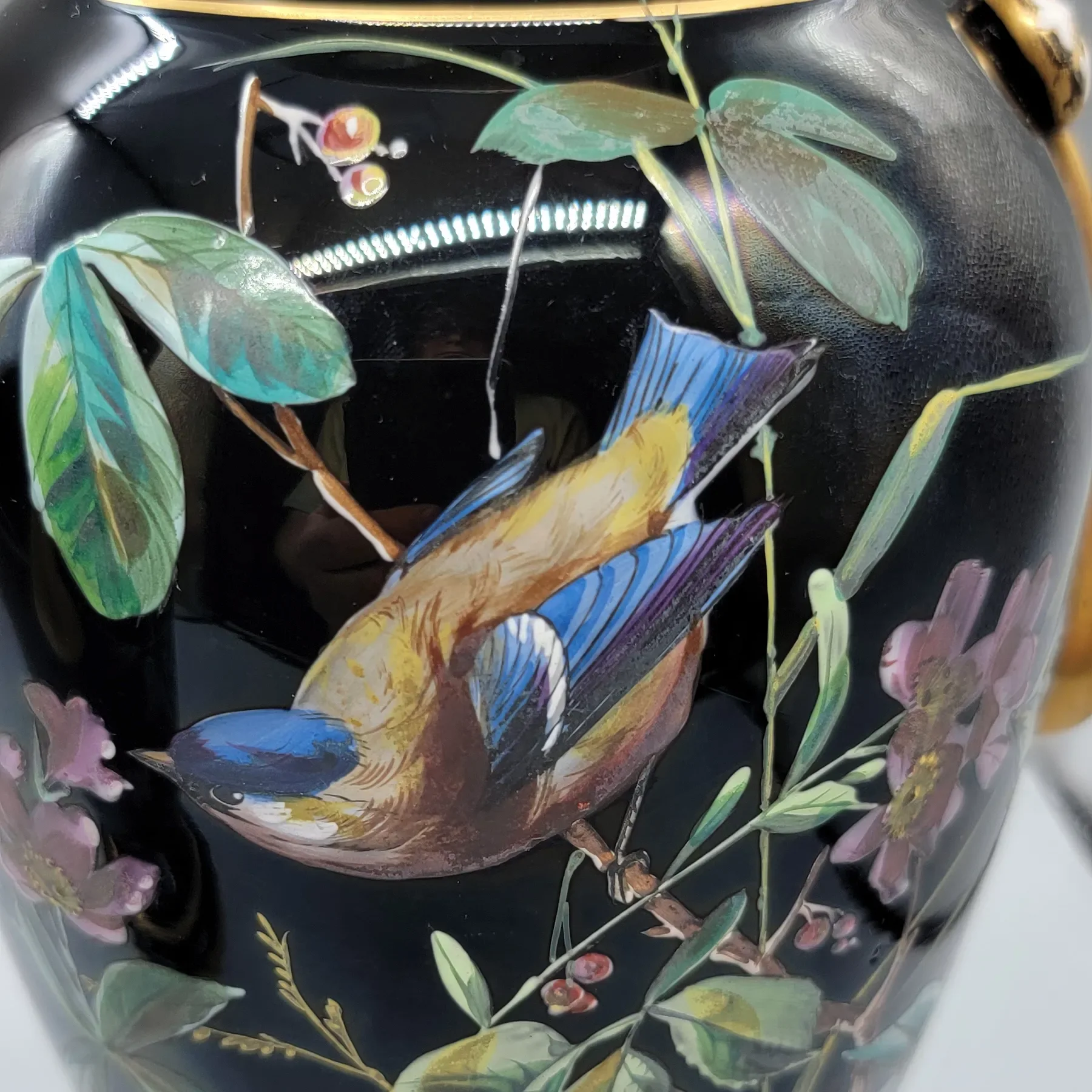 Pair Antique Moser Onyx Glass Vases - HP Gilt Enameled Birds & Florals - View 4