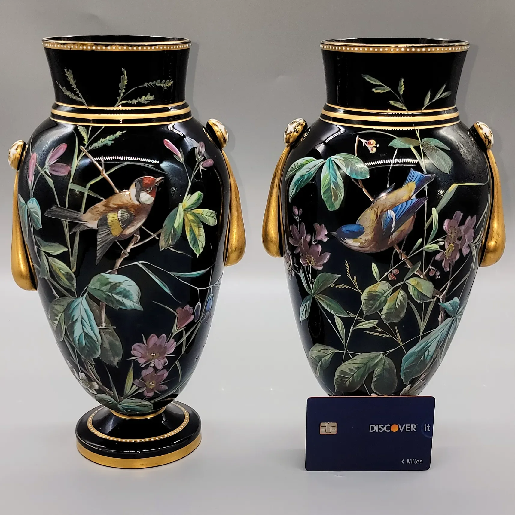 Pair Antique Moser Onyx Glass Vases - HP Gilt Enameled Birds & Florals - View 5