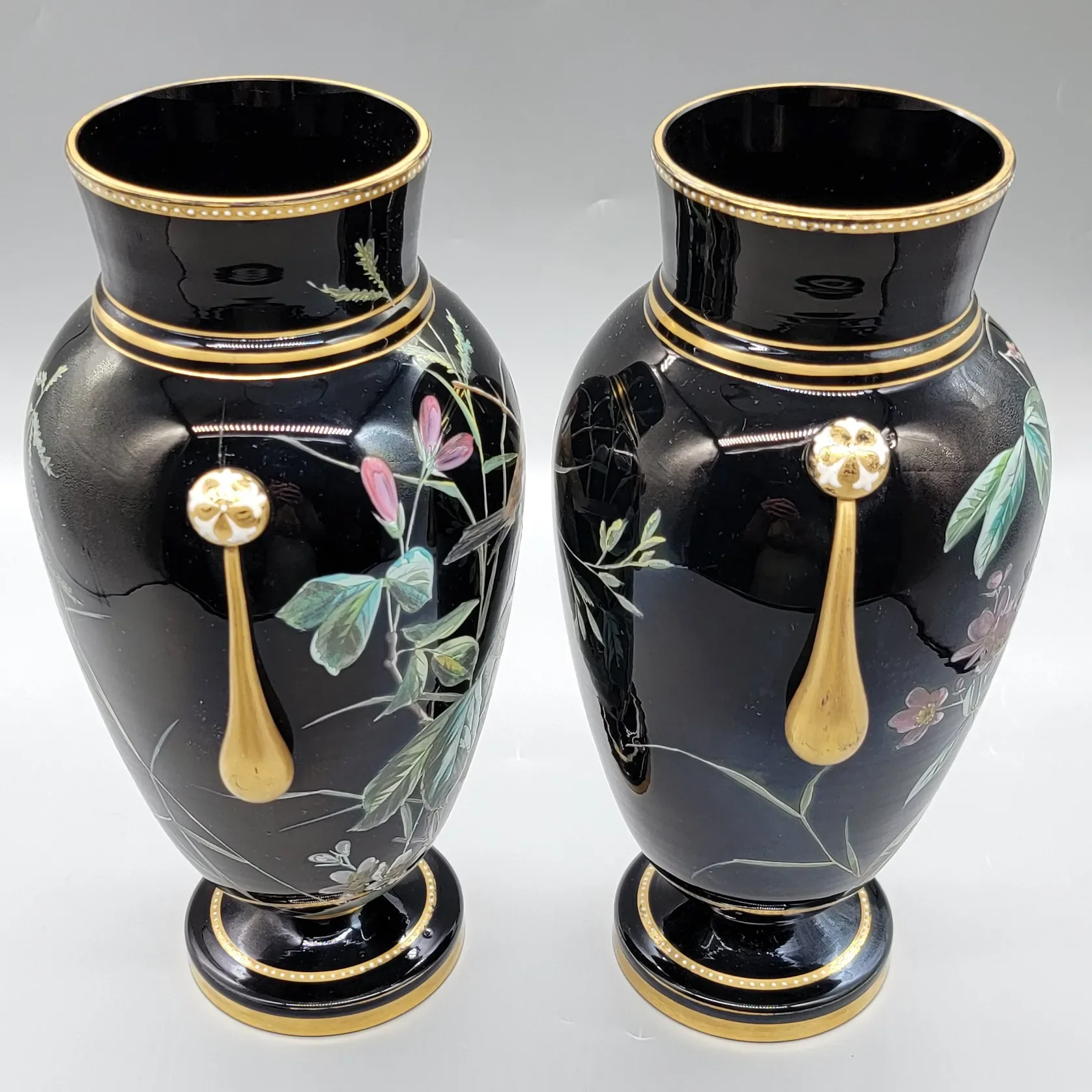 Pair Antique Moser Onyx Glass Vases - HP Gilt Enameled Birds & Florals - View 6