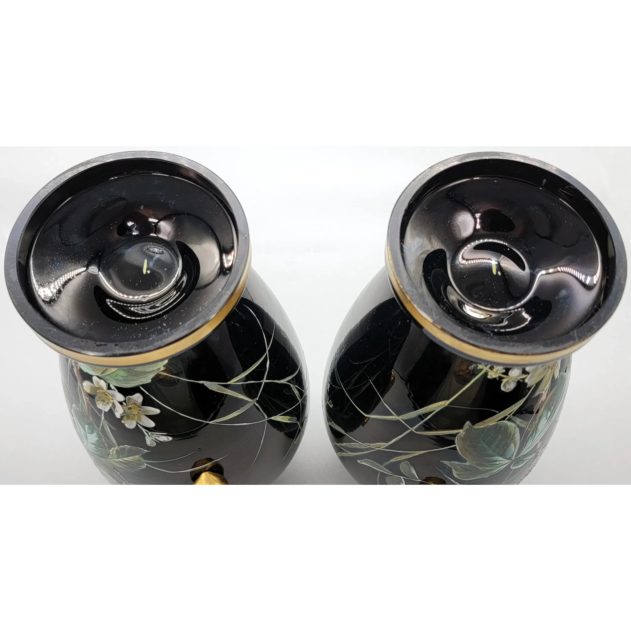 Pair Antique Moser Onyx Glass Vases - HP Gilt Enameled Birds & Florals - View 7