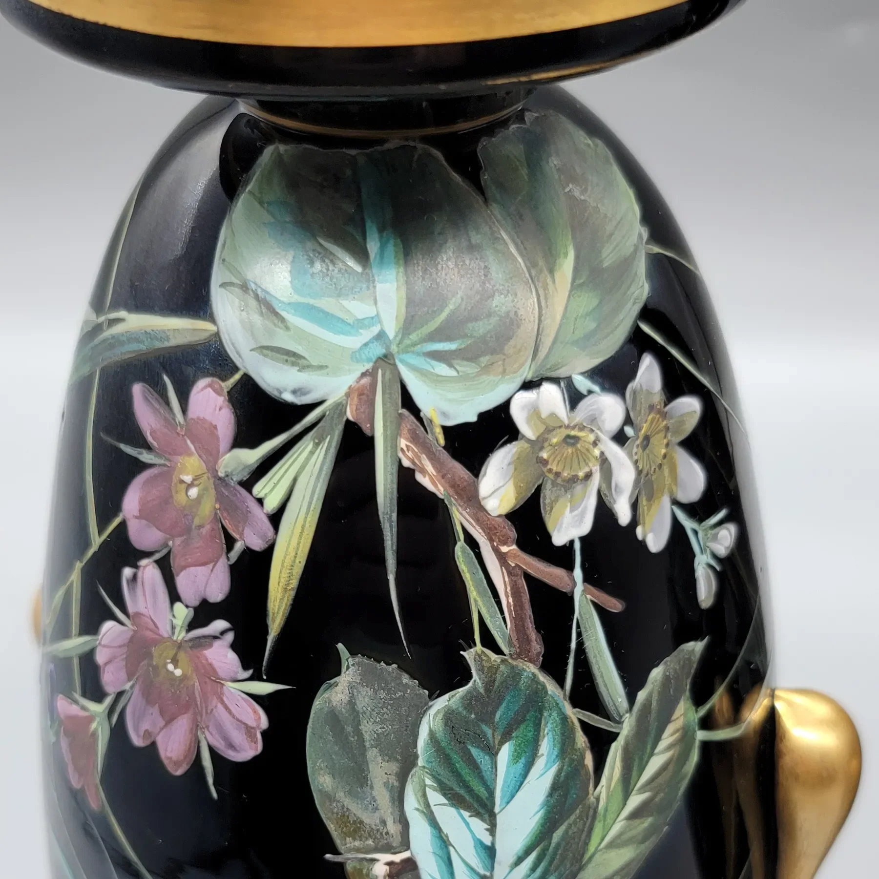 Pair Antique Moser Onyx Glass Vases - HP Gilt Enameled Birds & Florals - View 8