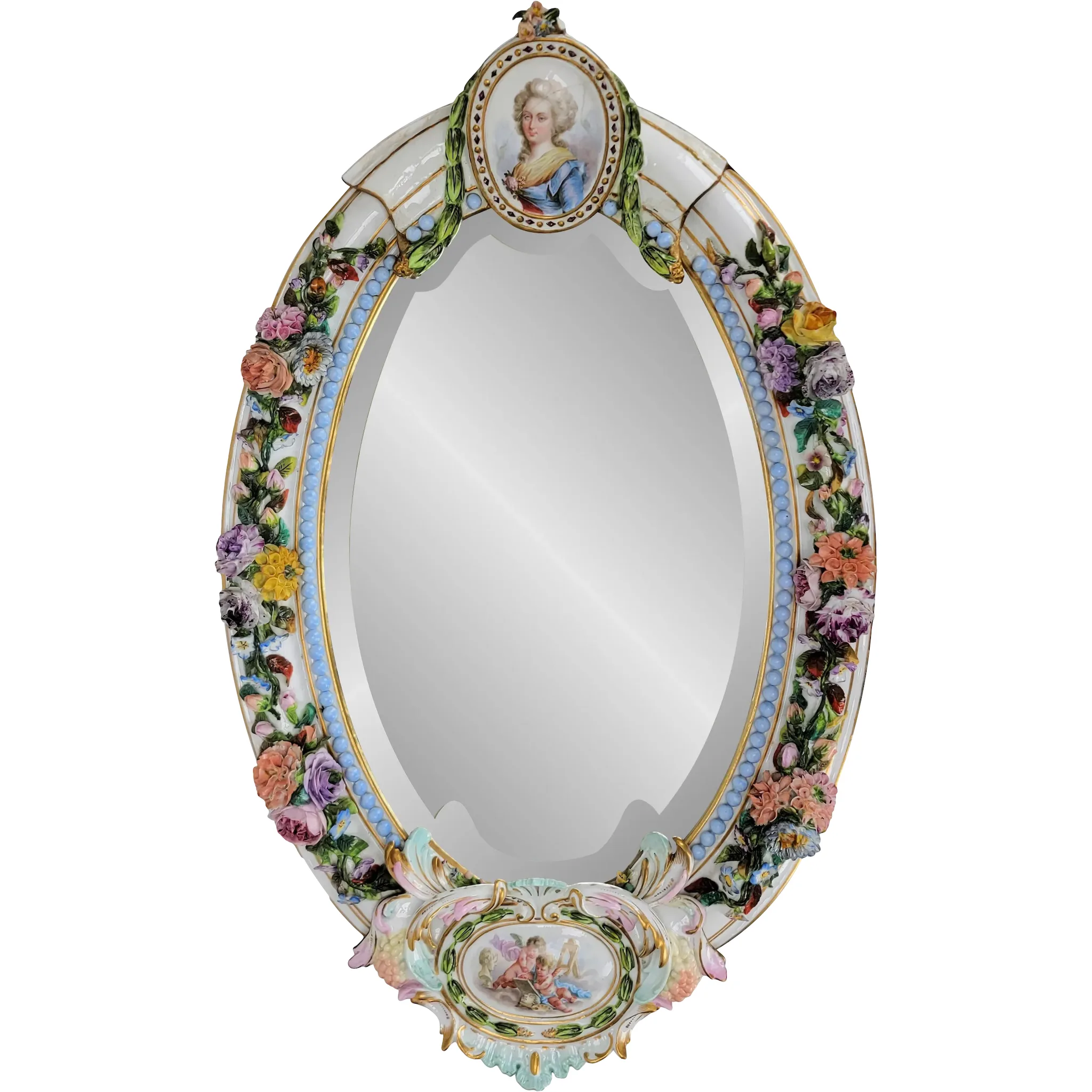 Antique Meissen Porcelain Mirror - Marie Antoinette Portrait - Cherubs