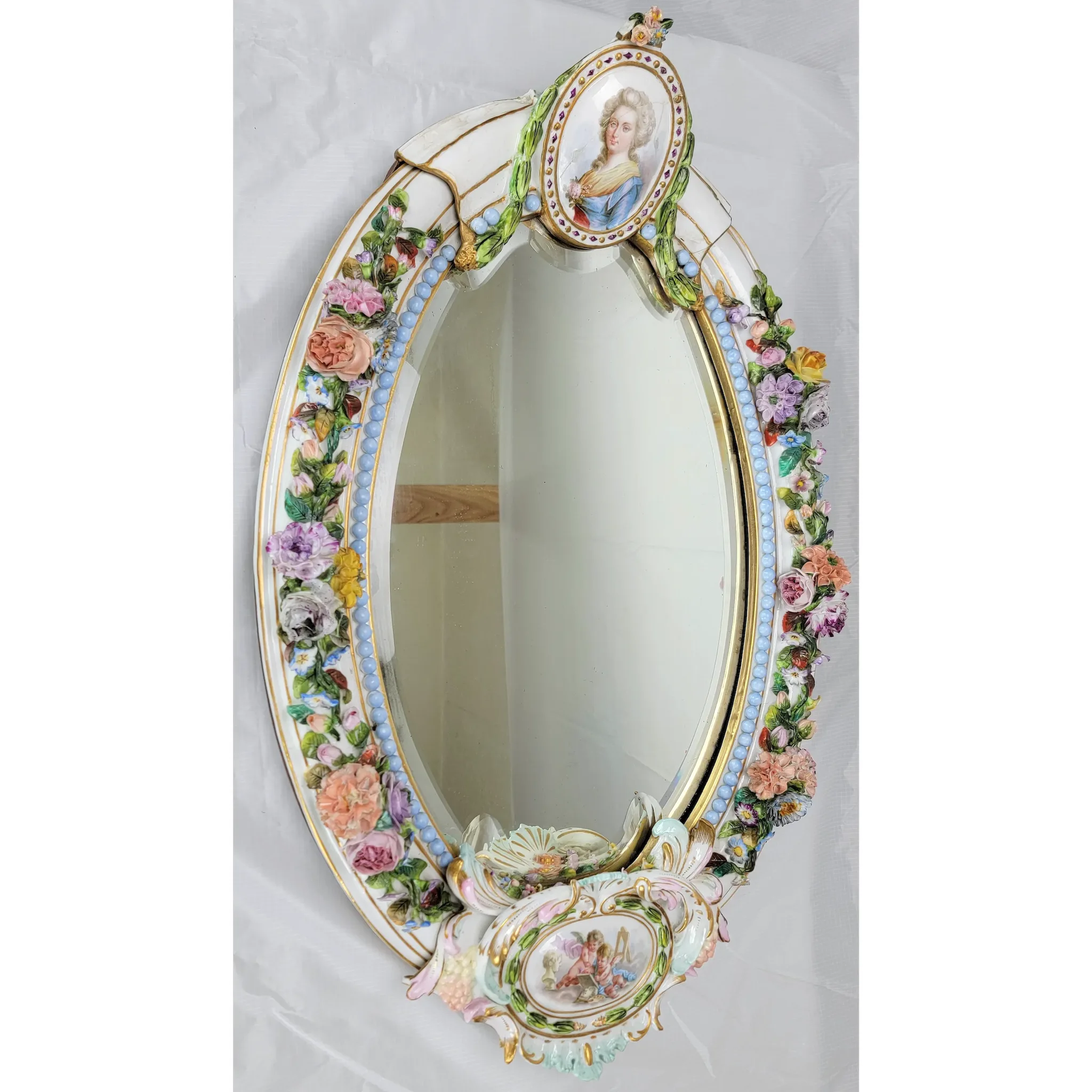 Antique Meissen Porcelain Mirror - Marie Antoinette Portrait - Cherubs - View 2
