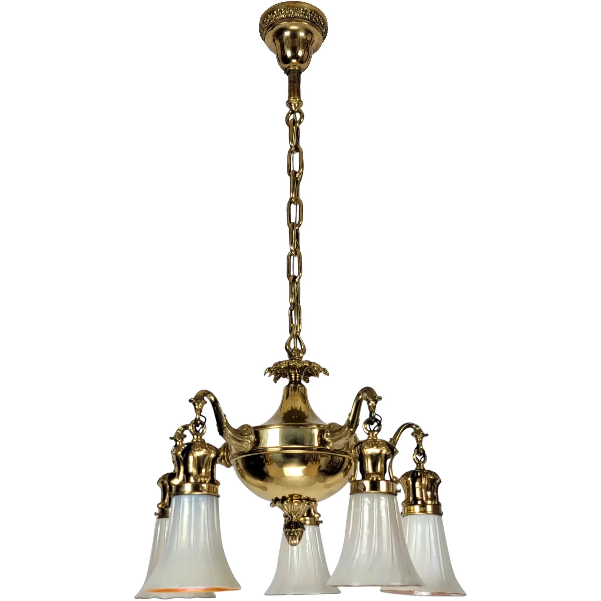 Antique Solid Brass 5 Light Fixture - Art Glass Calcite & Aurene Shades