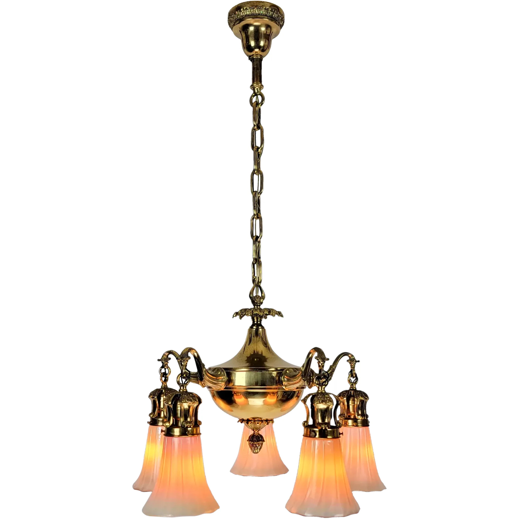 Antique Solid Brass 5 Light Fixture - Art Glass Calcite & Aurene Shades - View 2