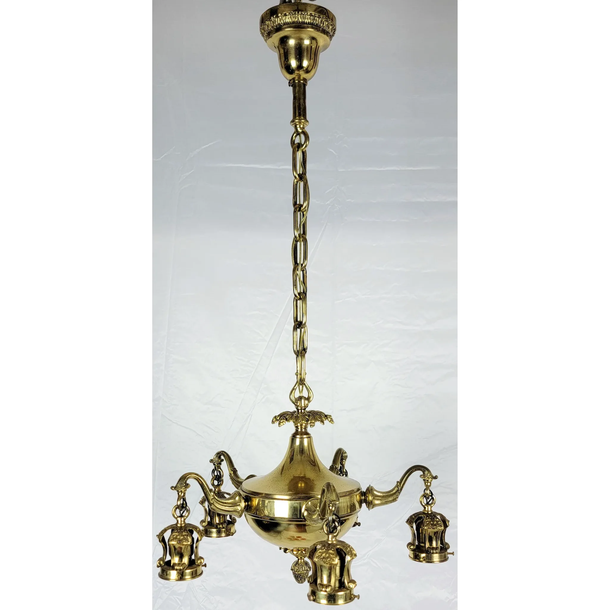 Antique Solid Brass 5 Light Fixture - Art Glass Calcite & Aurene Shades - View 3