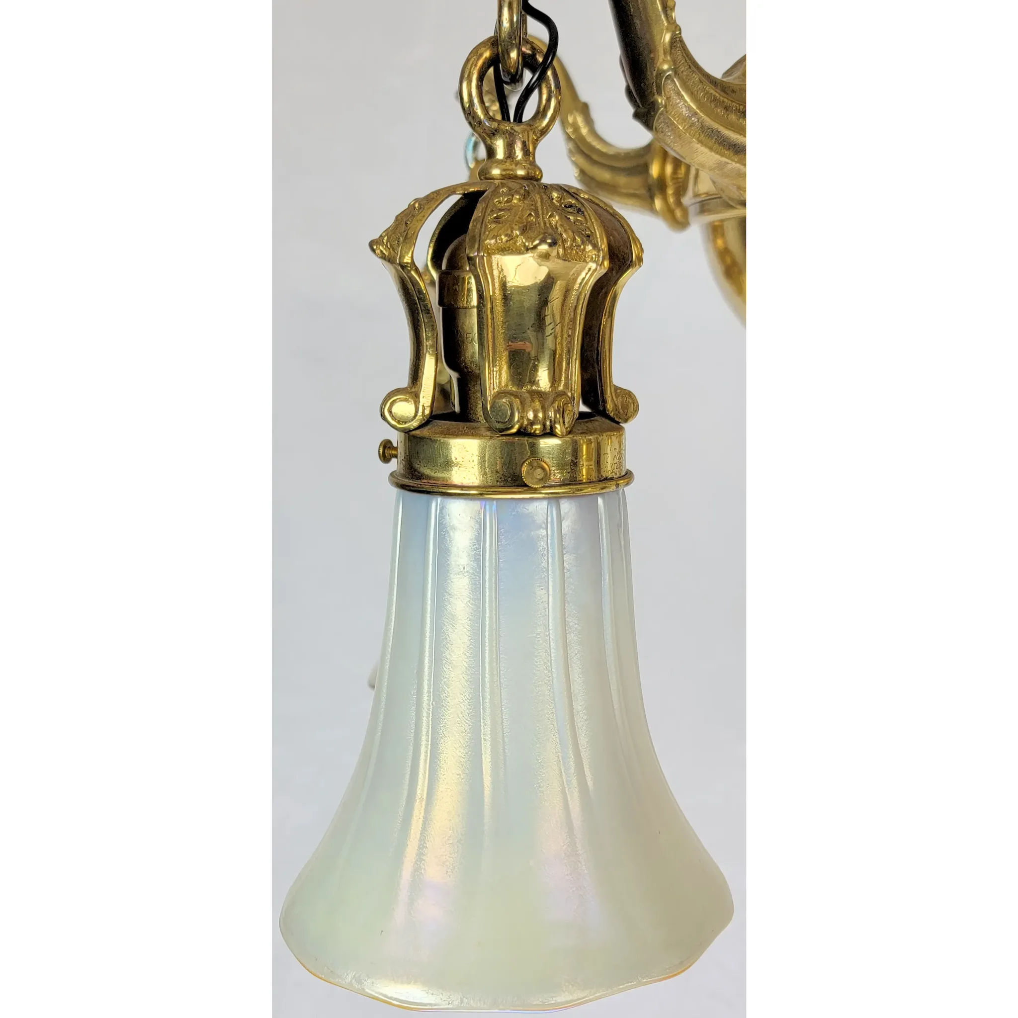 Antique Solid Brass 5 Light Fixture - Art Glass Calcite & Aurene Shades - View 4