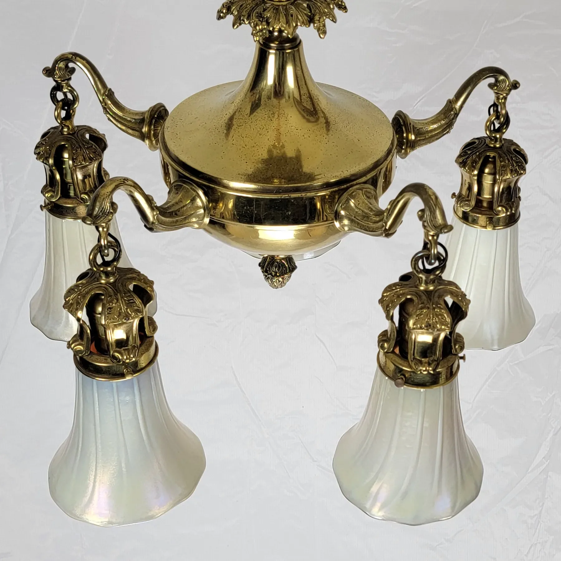 Antique Solid Brass 5 Light Fixture - Art Glass Calcite & Aurene Shades - View 7