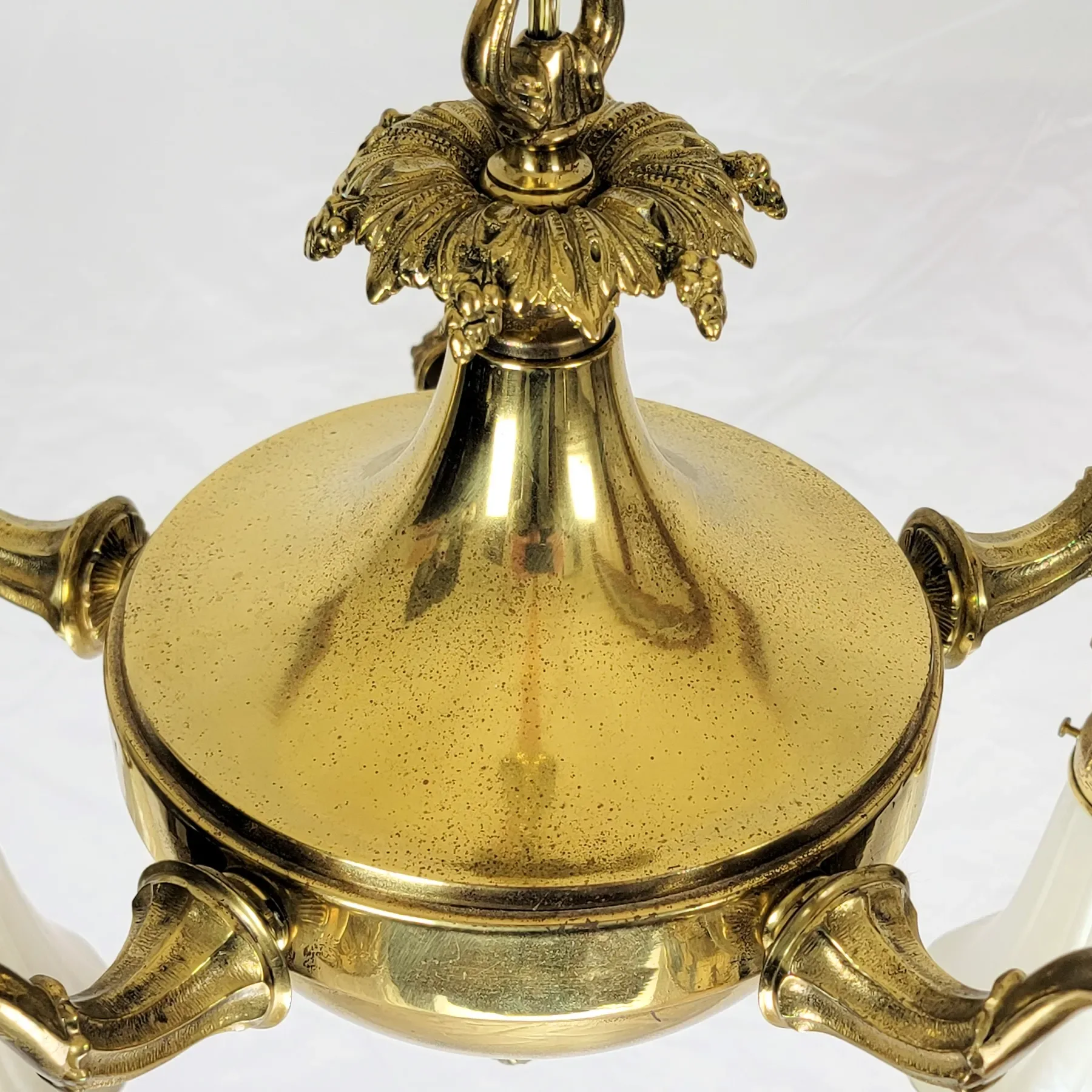 Antique Solid Brass 5 Light Fixture - Art Glass Calcite & Aurene Shades - View 9