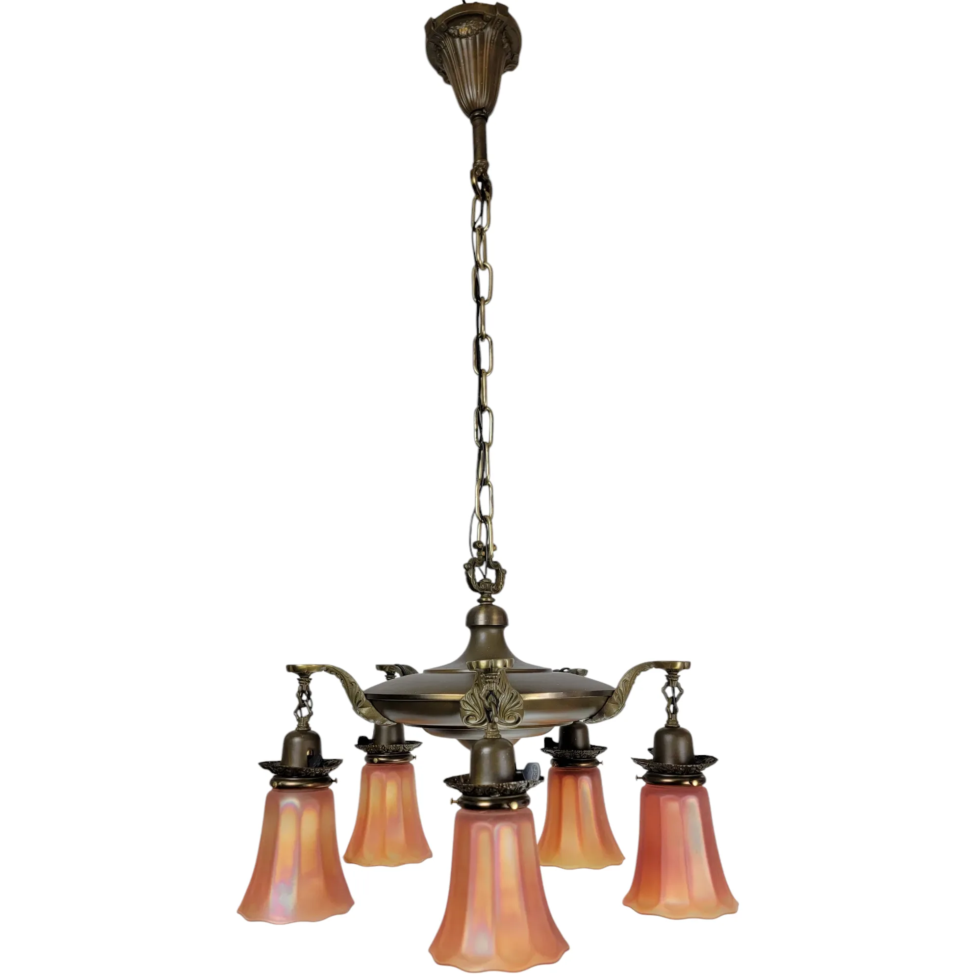 1920s Brass 5 Light Fixture - Nuart Carnival Glass Shades